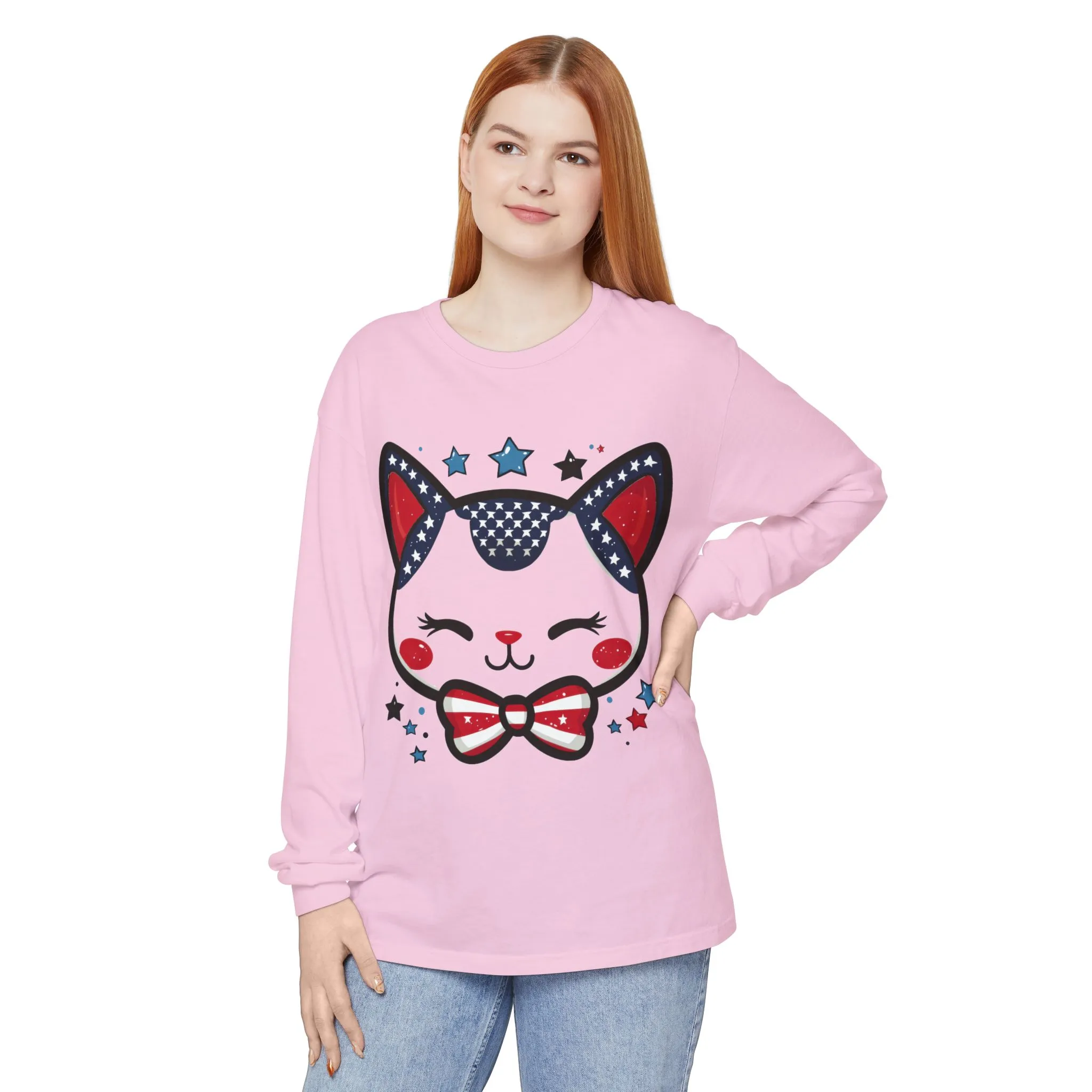Cute Patriotic Cat Long Sleeve Women's T-Shirt, Fourth of July, Cat Lovers Gift, Casual Wear, Perfect for Holidays and Celebrations - Image 15
