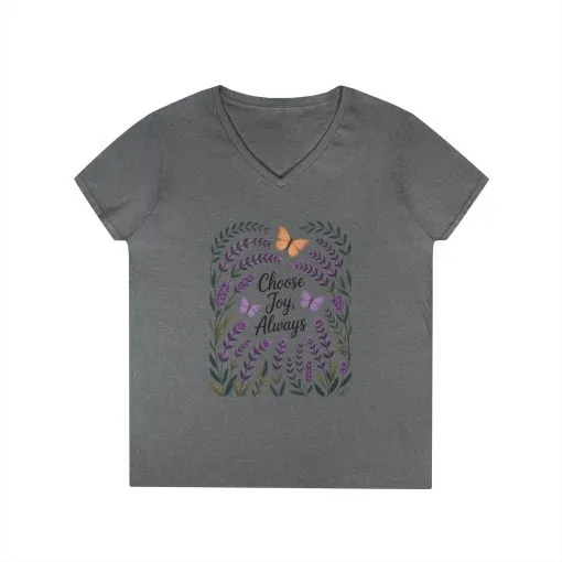 Ladies' V-Neck T-Shirt, Choose Joy Always, Positive Affirmation Tee, Floral Graphic Shirt, Inspirational V-Neck, Lavender Printed Tee - Image 6