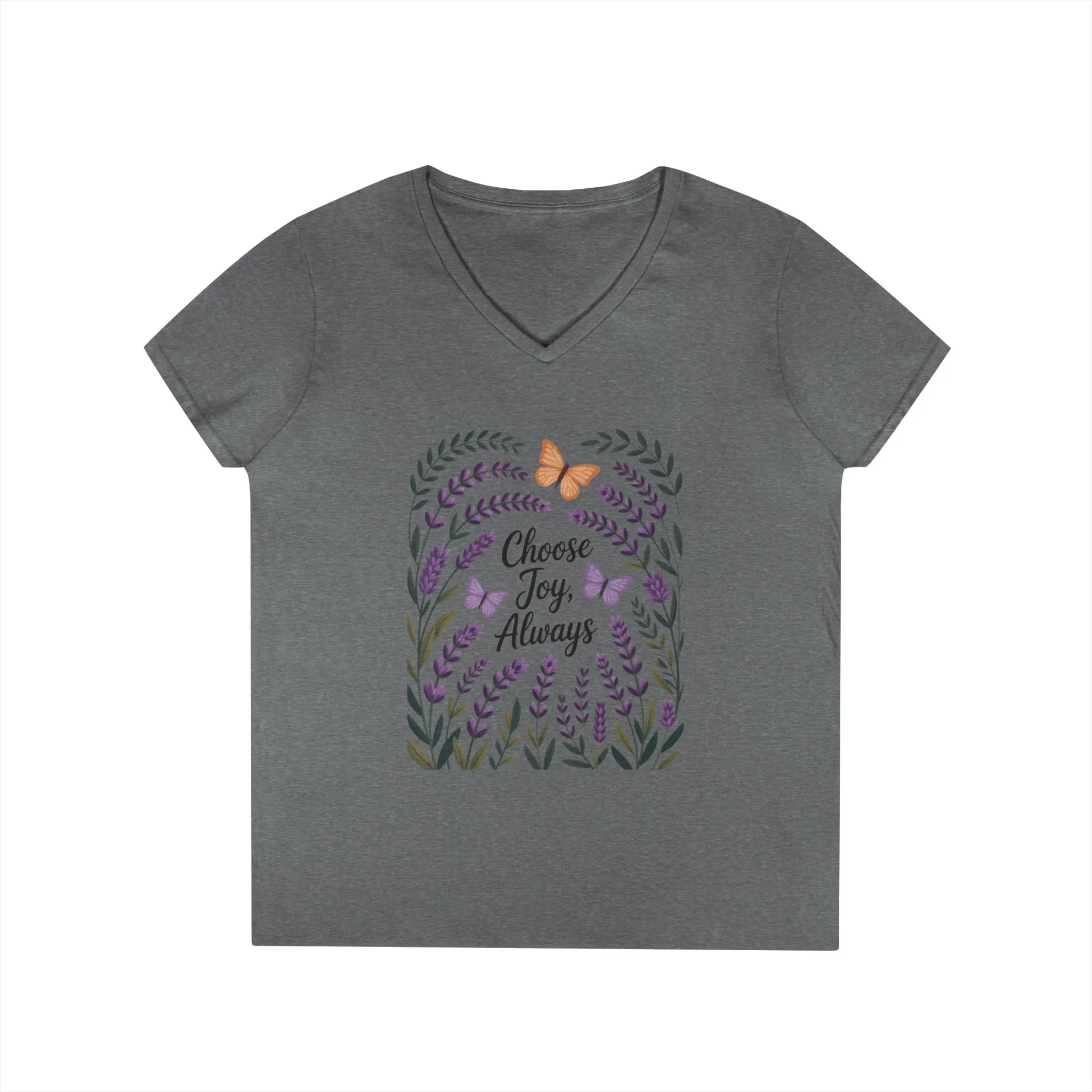 Ladies' V-Neck T-Shirt, Choose Joy Always, Positive Affirmation Tee, Floral Graphic Shirt, Inspirational V-Neck, Lavender Printed Tee - Image 6