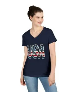 USA Patriotic V-Neck T-Shirt for Ladies, July 4th Celebration Tee, Casual Summer Shirt, Graphic Tee