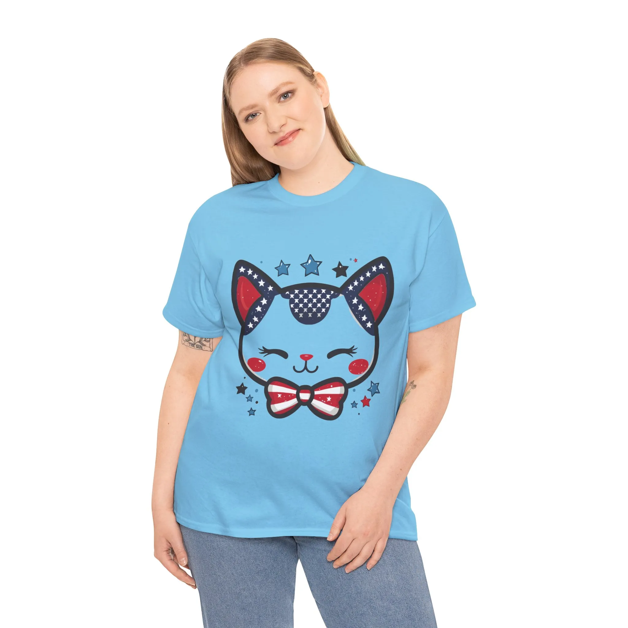 Cute Patriotic Cat Tee, Women's Heavy Cotton Shirt for Cat Lovers, Fourth of July T-Shirt, Fun Gift for Pet Owners, Summer Casual Wear - Image 15