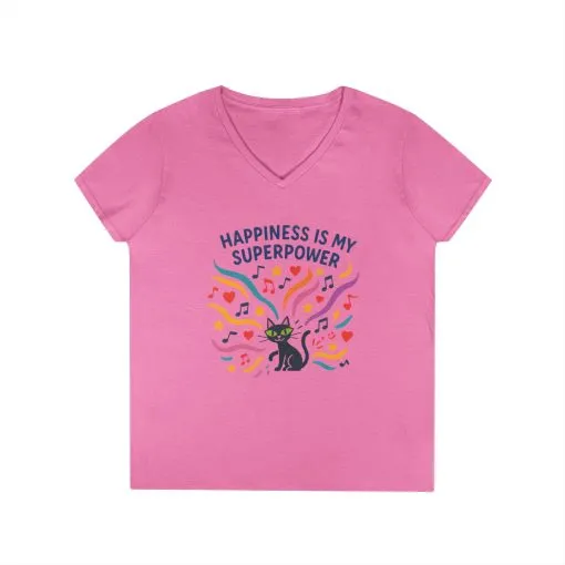 Happiness Is My Superpower V-Neck T-Shirt, Cat Lover Tee, Gift for Her, Cute Graphic Shirt, Music Enthusiast Apparel, Funny Cat Shirt - Image 13
