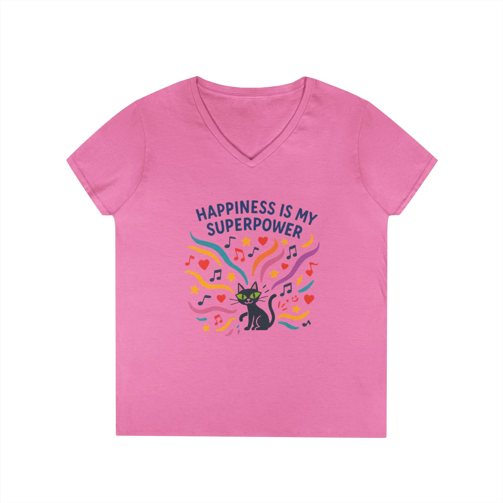 Happiness Is My Superpower V-Neck T-Shirt, Cat Lover Tee, Gift for Her, Cute Graphic Shirt, Music Enthusiast Apparel, Funny Cat Shirt - Image 13