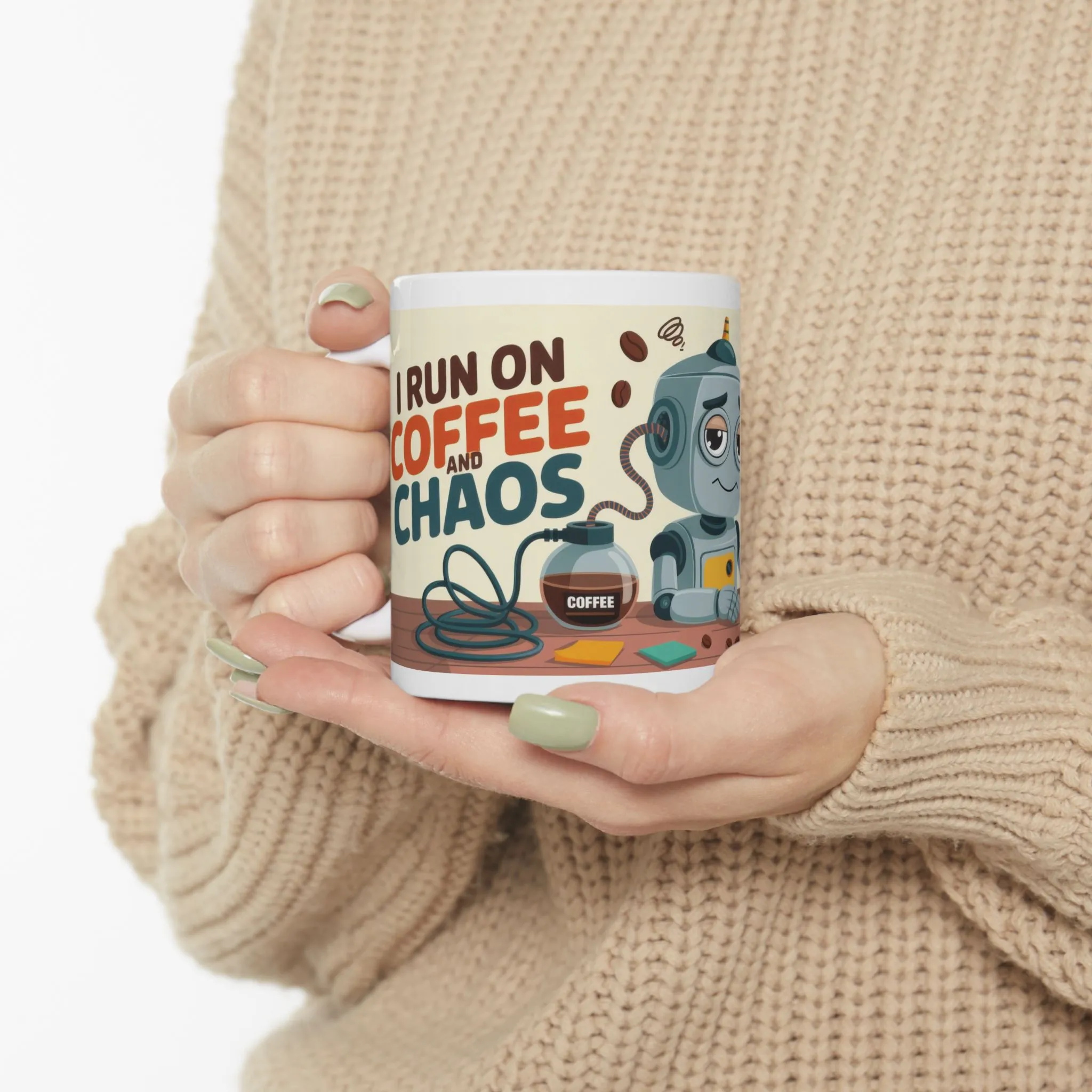 Funny Robot Coffee Mug, I Run on Coffee and Chaos, Tired Office Humor Cup, Lazy Tech Lover Gift, Gift for Coffee Lovers, Office Humor - Image 6