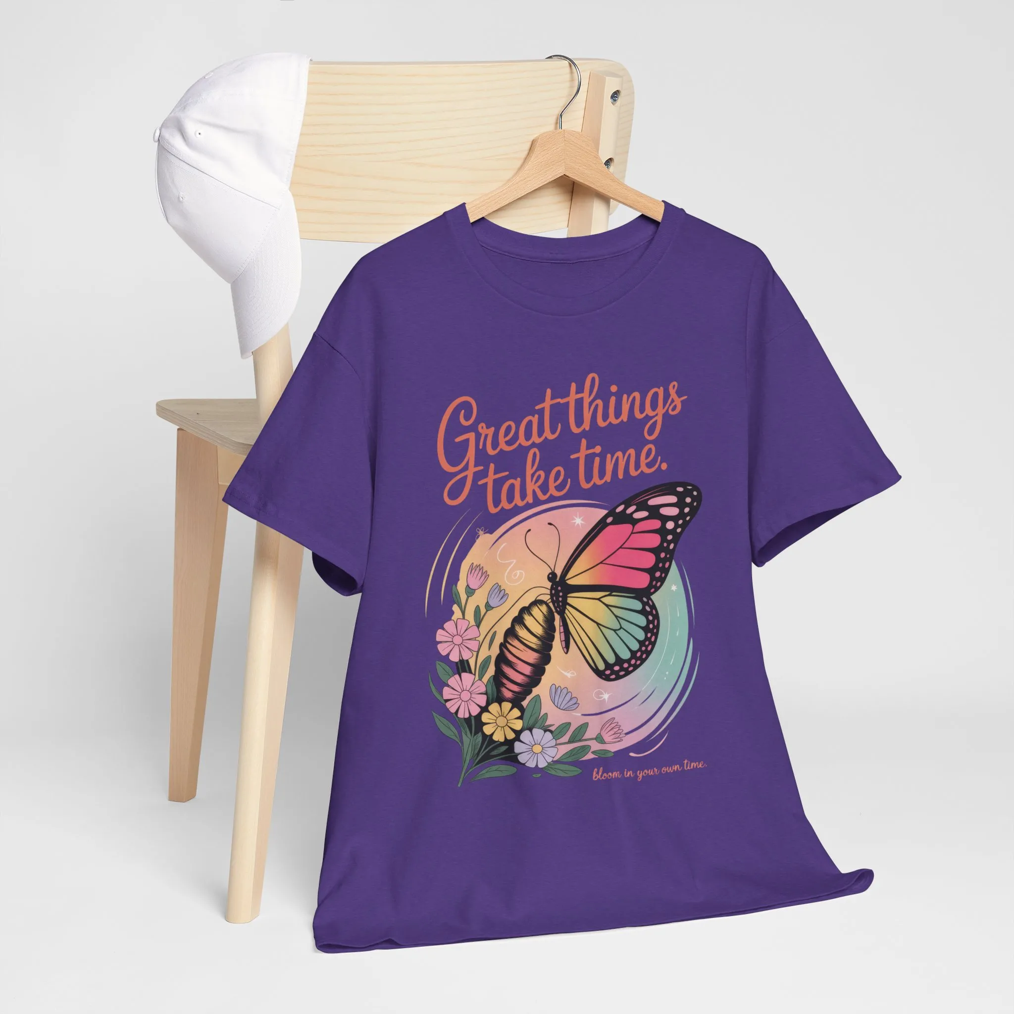 Butterfly Motivational Women's Heavy Cotton Tee, Great Things Take Time Shirt, Gift for Nature Lovers, Inspirational Apparel, Summer Outfit - Image 30