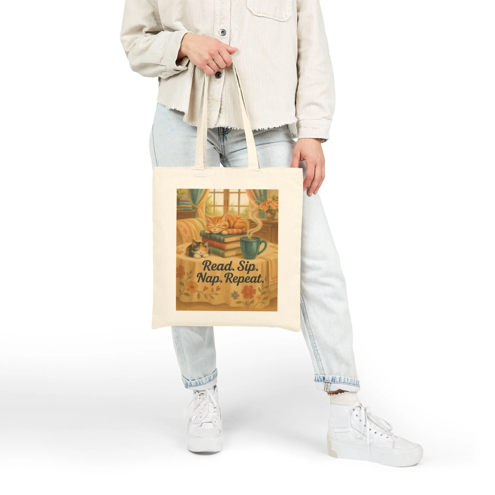 Cute Cotton Canvas Tote Bag, Read Sip Nap Repeat, Perfect for Book Lovers, Cat Lovers, Eco-Friendly Gift, Reusable Shopping Bag, Charming - Image 2