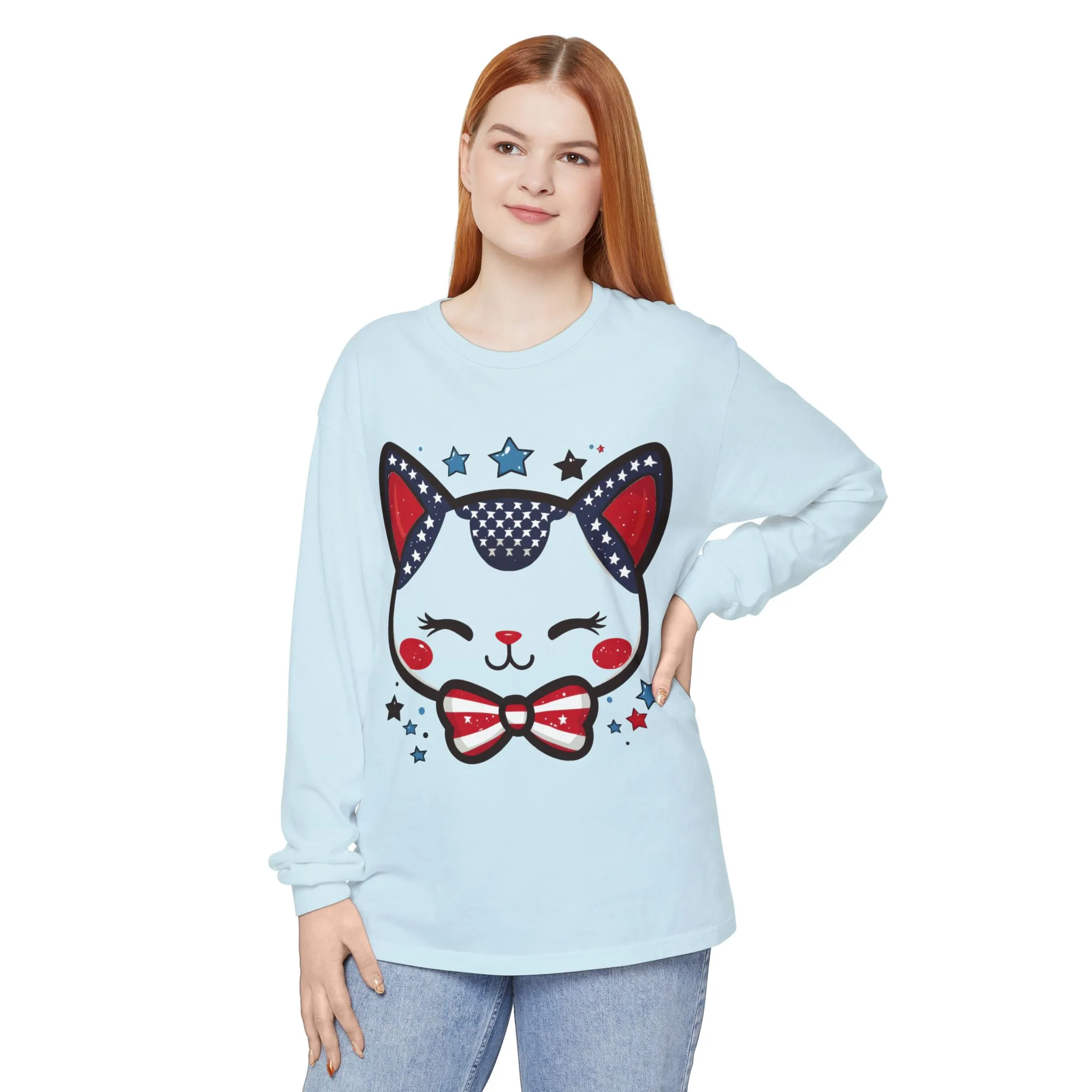 Cute Patriotic Cat Long Sleeve Women's T-Shirt, Fourth of July, Cat Lovers Gift, Casual Wear, Perfect for Holidays and Celebrations - Image 9