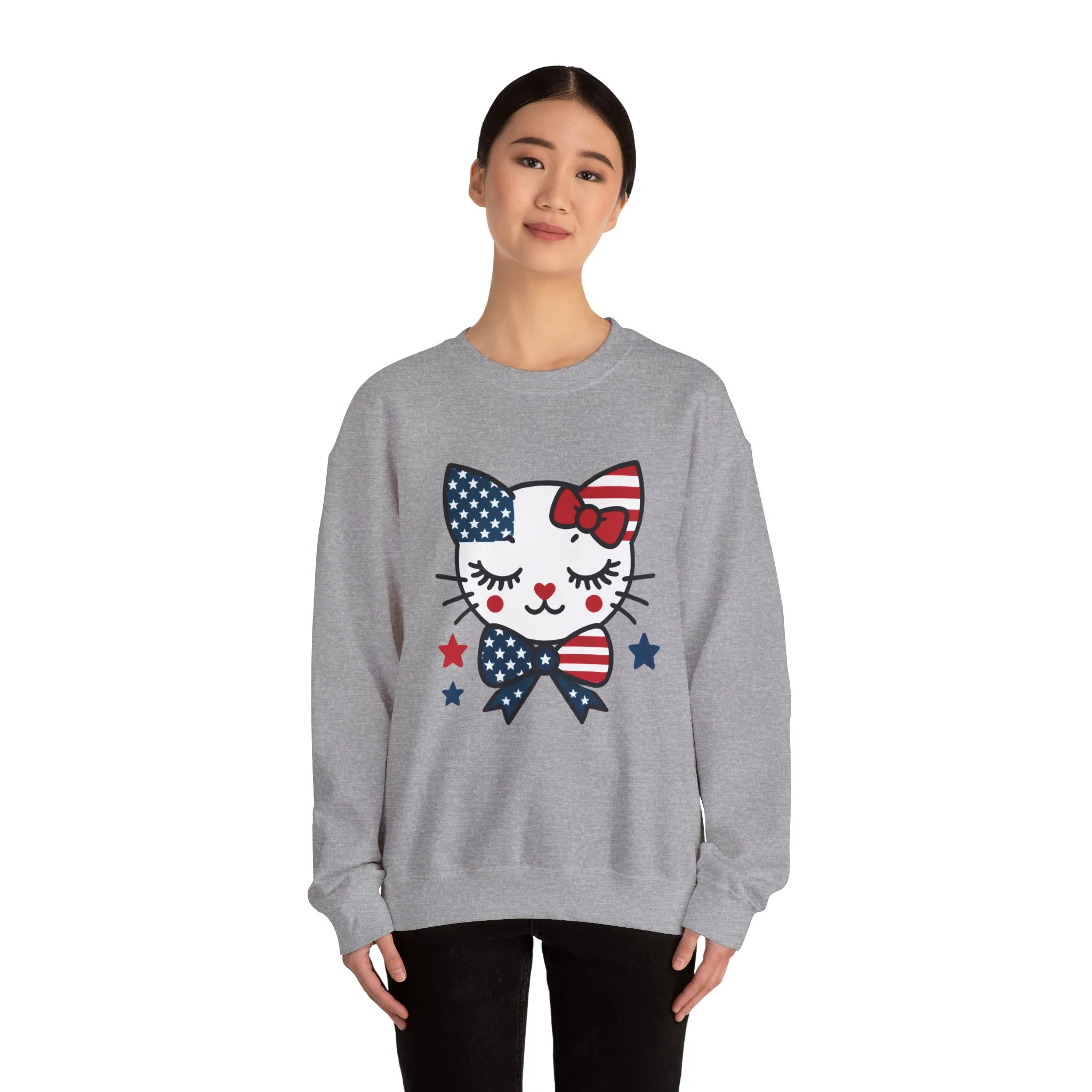 Cute Cat American Flag Sweatshirt, Women's Crewneck, Perfect for 4th of July, Women's Casual Wear, Cat Lovers Gifts - Image 11