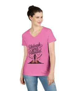 Empowering Ladies V-Neck T-Shirt | Unleash Your Potential | Gift for Motivation, Birthday, Inspirational Wear, Positive Energy Top