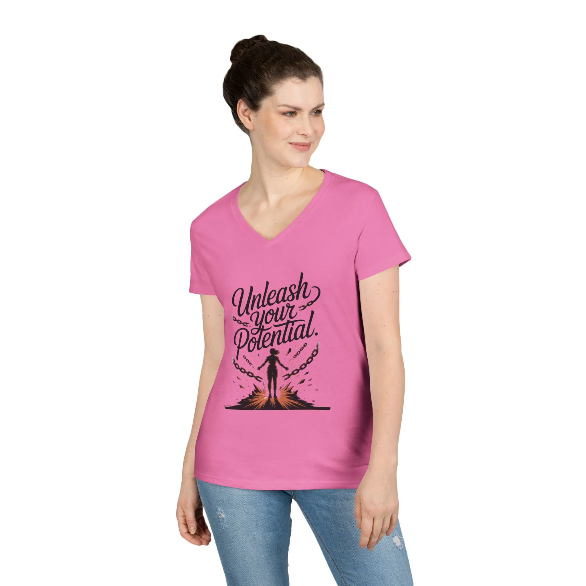 Empowering Ladies V-Neck T-Shirt | Unleash Your Potential | Gift for Motivation, Birthday, Inspirational Wear, Positive Energy Top