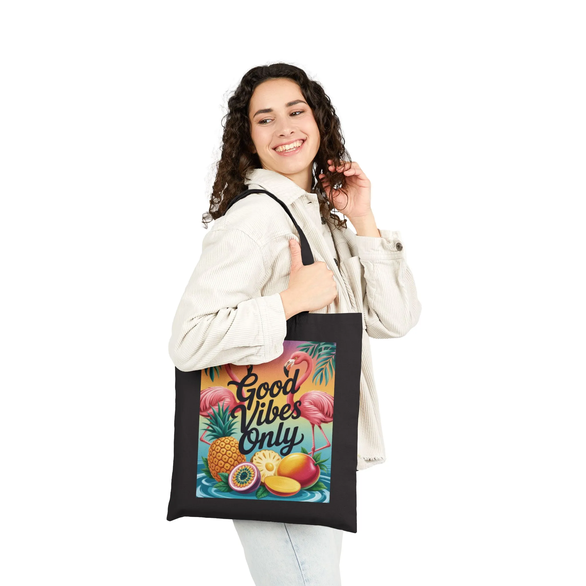 Tote Bag with Tropical Design, Good Vibes Only, Beach Tote, Eco-Friendly Bag, Summer Gift, Grocery Tote, Fun Shopping Bag, Flamingo Pattern - Image 2