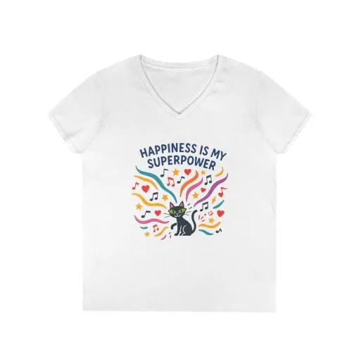 Happiness Is My Superpower V-Neck T-Shirt, Cat Lover Tee, Gift for Her, Cute Graphic Shirt, Music Enthusiast Apparel, Funny Cat Shirt - Image 2