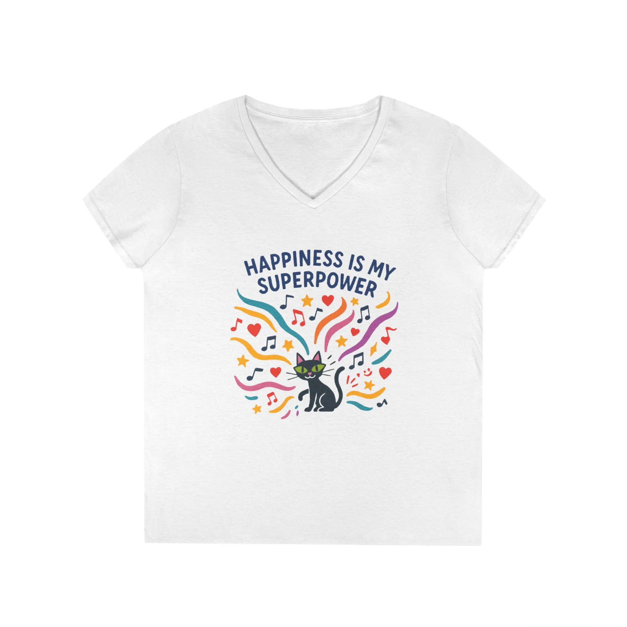 Happiness Is My Superpower V-Neck T-Shirt, Cat Lover Tee, Gift for Her, Cute Graphic Shirt, Music Enthusiast Apparel, Funny Cat Shirt - Image 2
