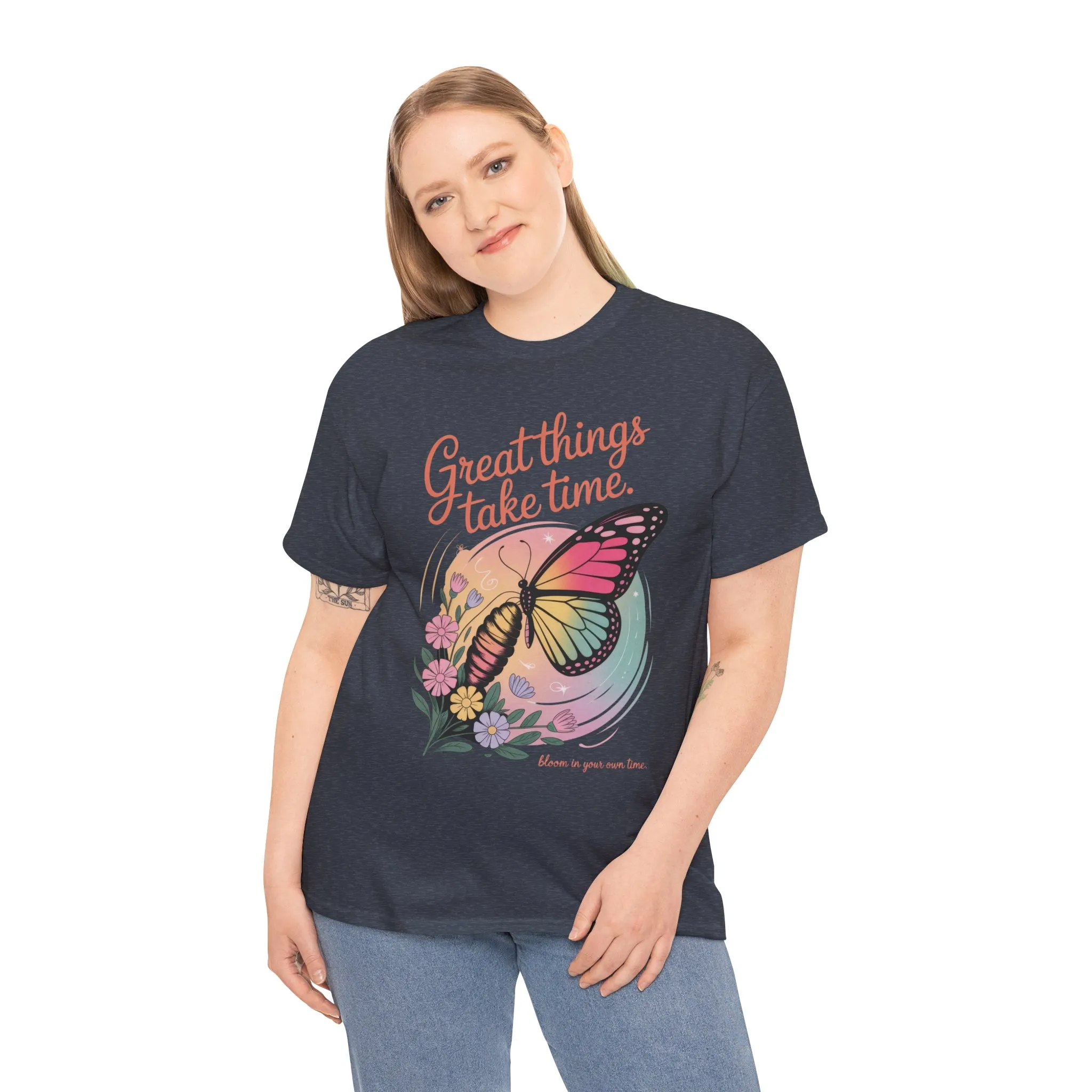 Butterfly Motivational Women's Heavy Cotton Tee, Great Things Take Time Shirt, Gift for Nature Lovers, Inspirational Apparel, Summer Outfit - Image 25