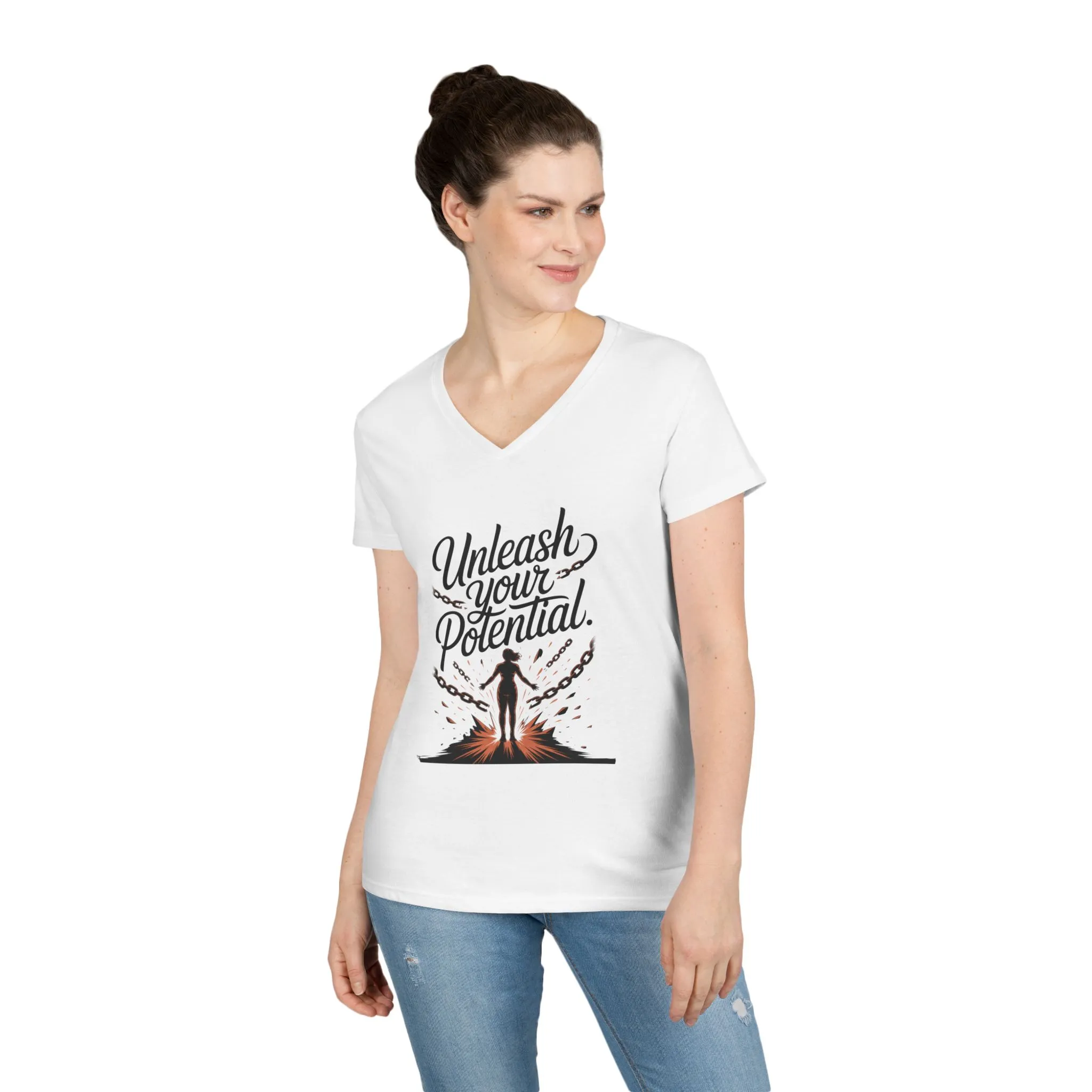 Empowering Ladies V-Neck T-Shirt | Unleash Your Potential | Gift for Motivation, Birthday, Inspirational Wear, Positive Energy Top - Image 3