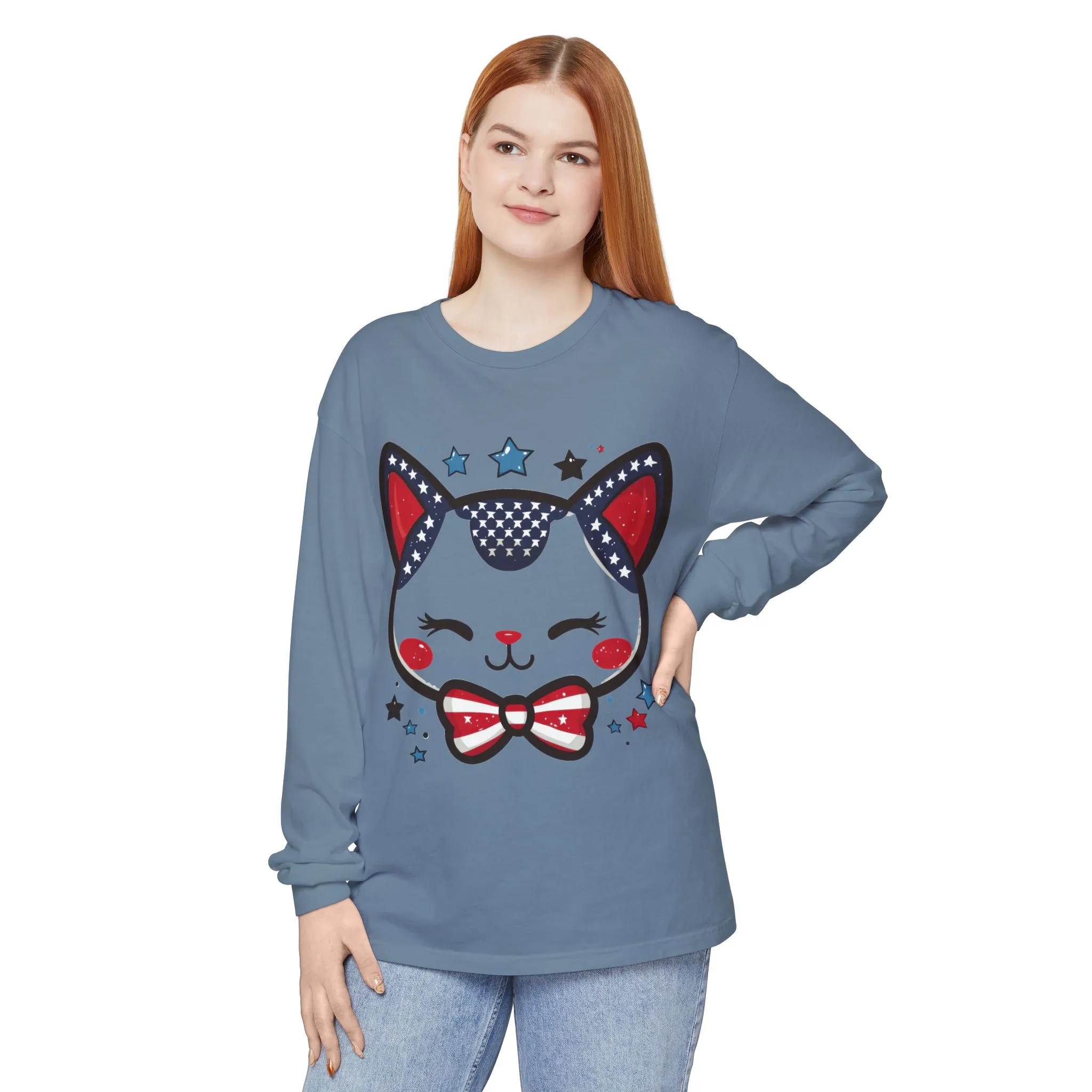 Cute Patriotic Cat Long Sleeve Women's T-Shirt, Fourth of July, Cat Lovers Gift, Casual Wear, Perfect for Holidays and Celebrations - Image 11