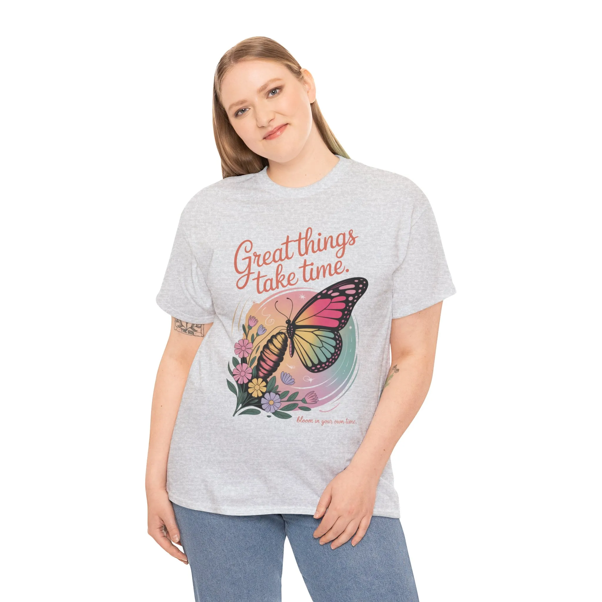 Butterfly Motivational Women's Heavy Cotton Tee, Great Things Take Time Shirt, Gift for Nature Lovers, Inspirational Apparel, Summer Outfit - Image 7