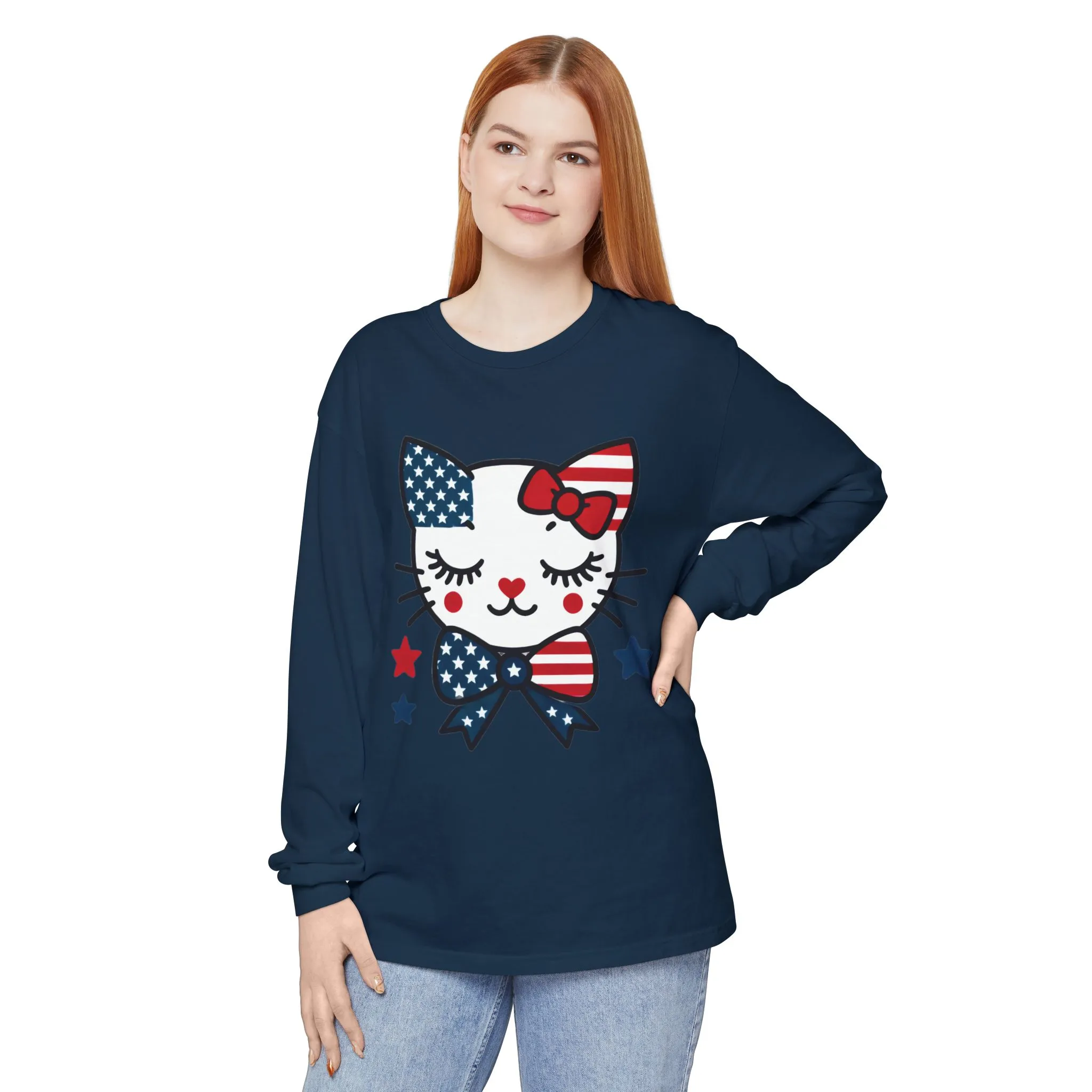 Patriotic Cat Long Sleeve T-Shirt, Womens Tee, Perfect for Fourth of July, Animal Lover Gift, Cozy Casual Wear, Holiday Apparel - Image 12