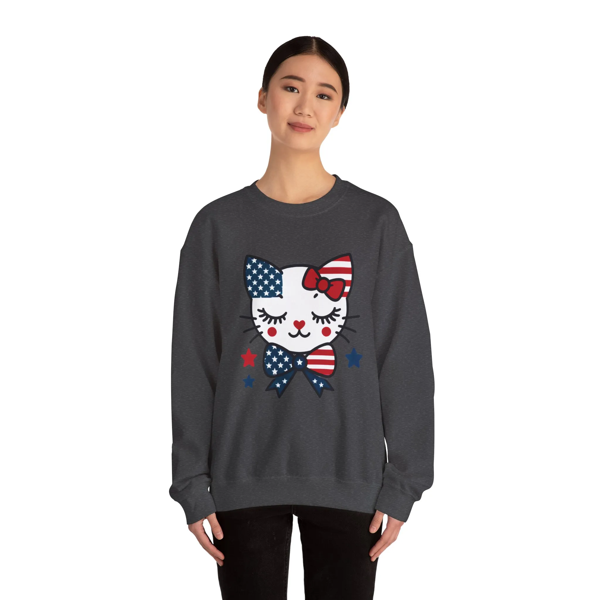 Cute Cat American Flag Sweatshirt, Women's Crewneck, Perfect for 4th of July, Women's Casual Wear, Cat Lovers Gifts - Image 15
