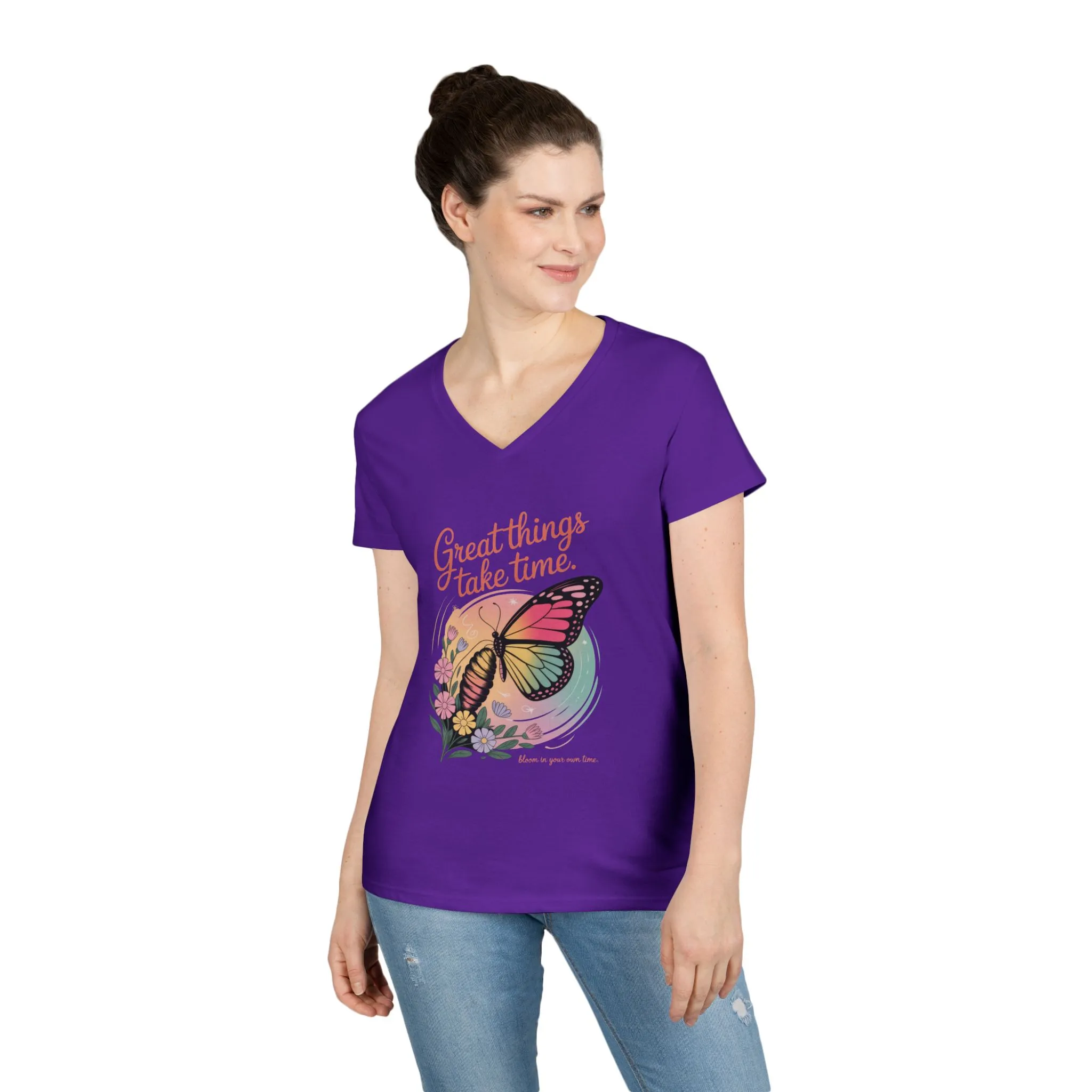Inspiring Ladies' V-Neck T-Shirt, Great Things Take Time Butterfly Design, Relaxation, Motivation, Nature, Motivational Women's Tee - Image 18