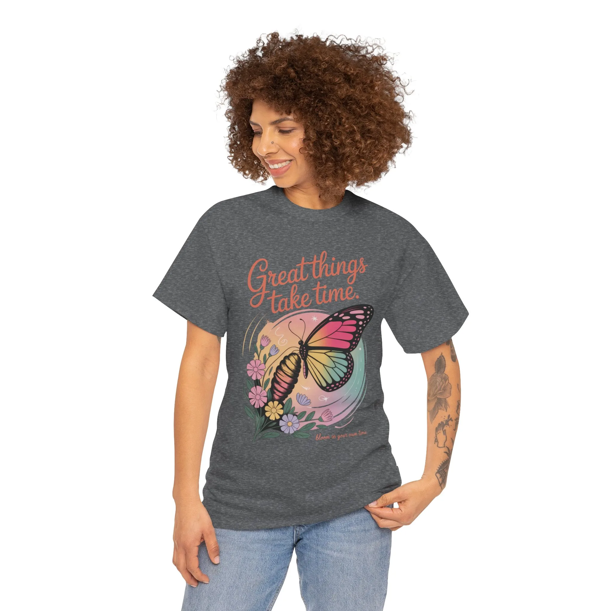 Butterfly Motivational Women's Heavy Cotton Tee, Great Things Take Time Shirt, Gift for Nature Lovers, Inspirational Apparel, Summer Outfit - Image 13