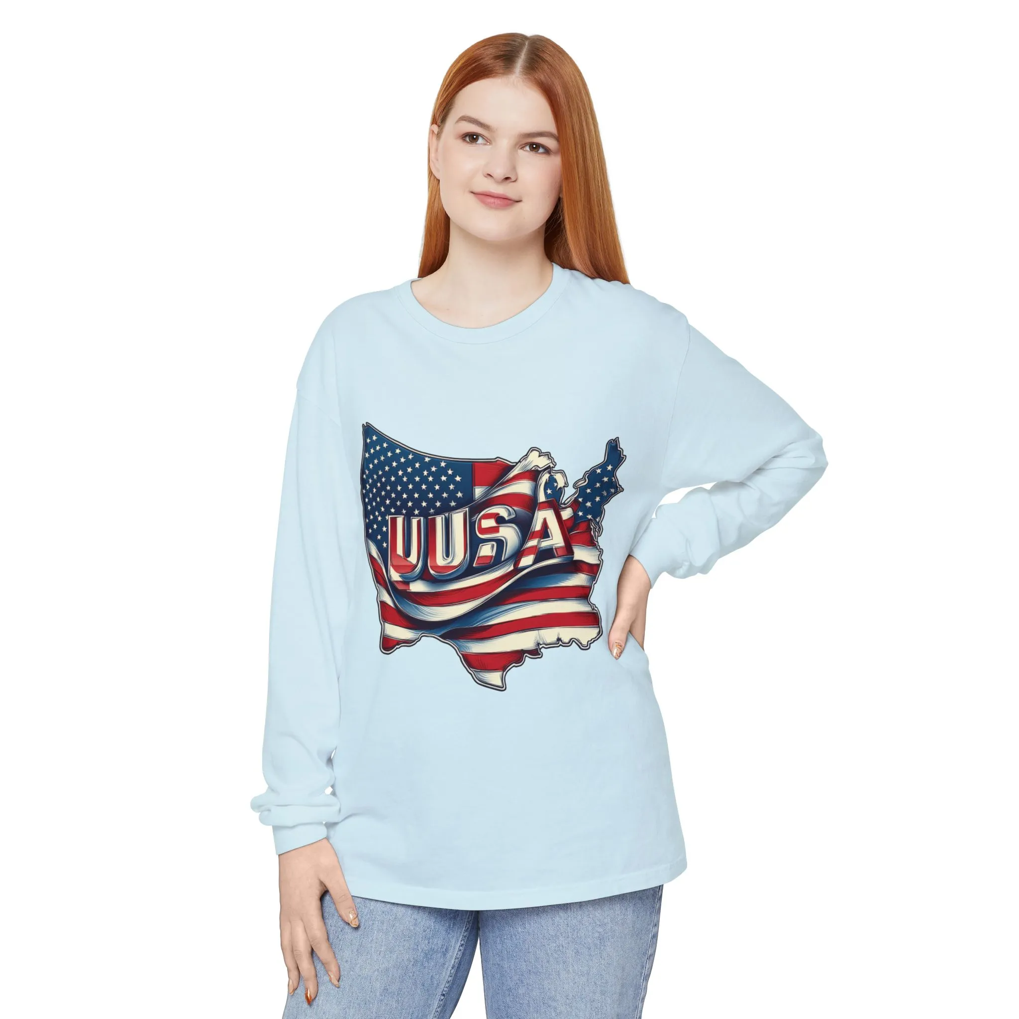 USA Flag Long Sleeve Tee, Unisex Garment-Dyed Shirt, Patriotic Top, All-American Apparel, Independence Day Style, Comfortable Casual Wear - Image 3