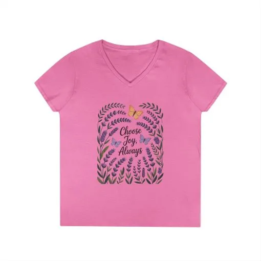 Ladies' V-Neck T-Shirt, Choose Joy Always, Positive Affirmation Tee, Floral Graphic Shirt, Inspirational V-Neck, Lavender Printed Tee - Image 8