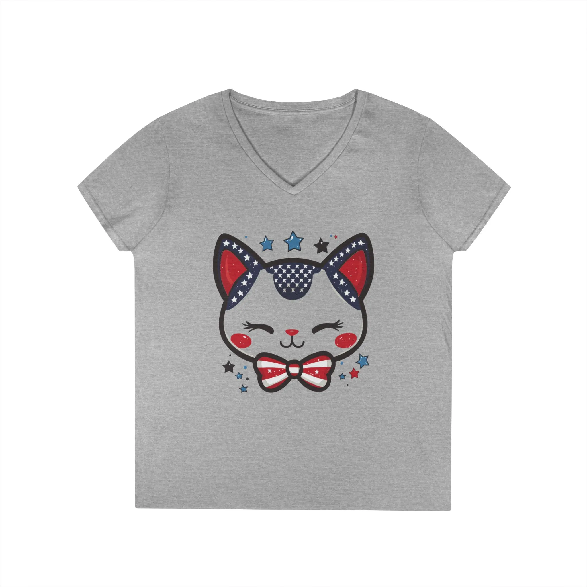 Cute Patriotic V-Neck T-Shirt, Women's Graphic Tee, Perfect for Cat Lovers, Perfect for Holidays and Fourth of July Celebrations - Image 3