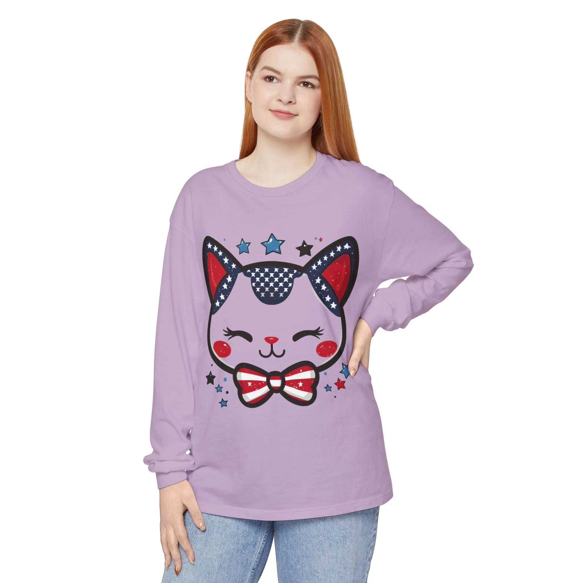 Cute Patriotic Cat Long Sleeve Women's T-Shirt, Fourth of July, Cat Lovers Gift, Casual Wear, Perfect for Holidays and Celebrations - Image 13