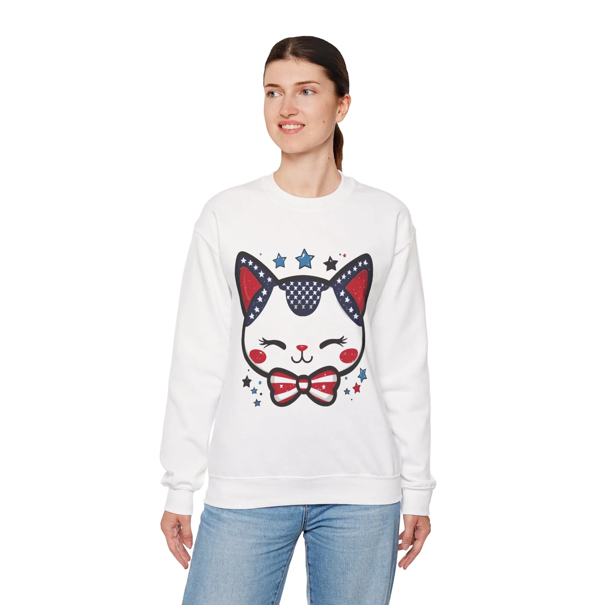 Cute Patriotic Cat Graphic Sweatshirt, Cozy Womens Crewneck, Cat Lover Gift, Fourth of July, Perfect for Holidays and Celebrations - Image 9