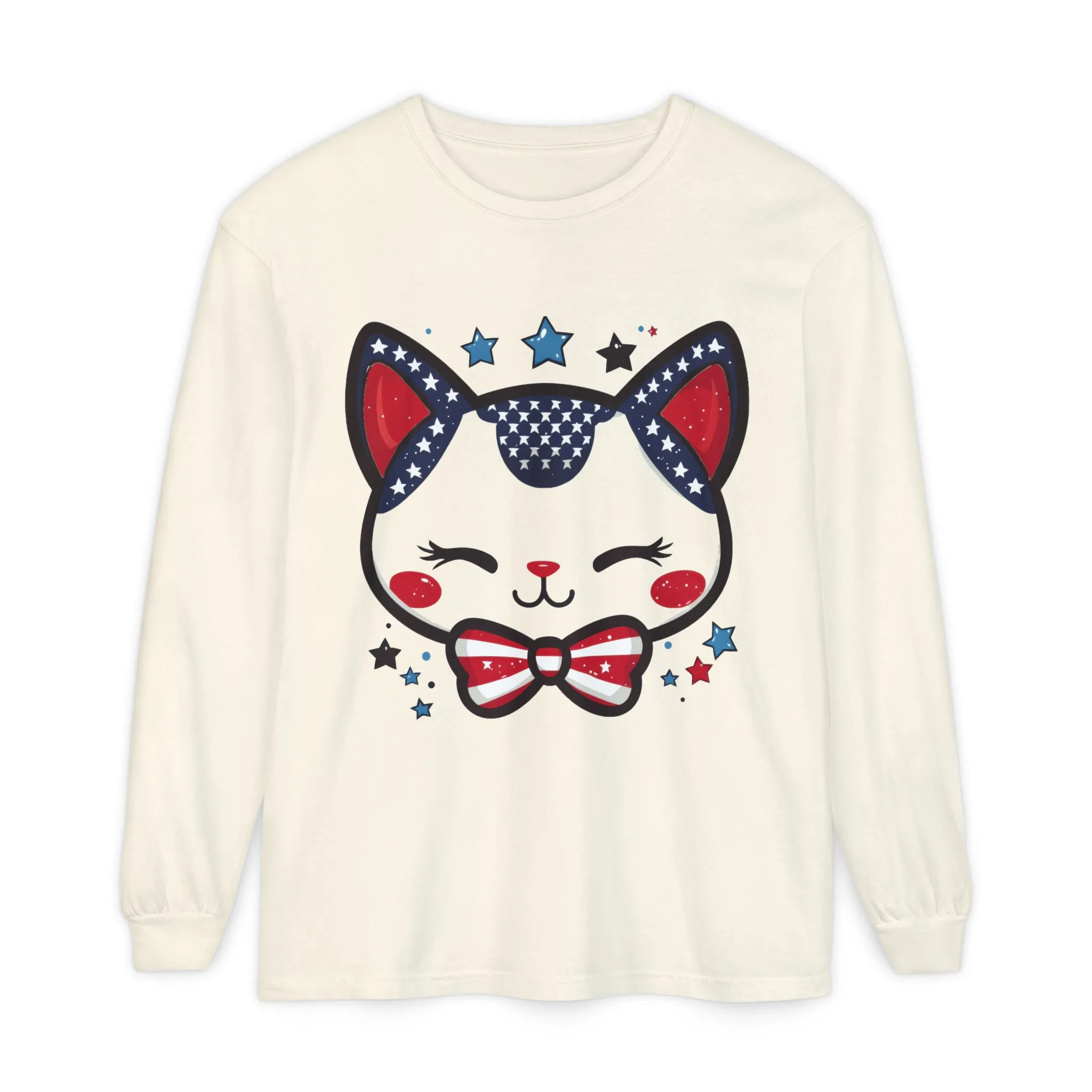 Cute Patriotic Cat Long Sleeve Women's T-Shirt, Fourth of July, Cat Lovers Gift, Casual Wear, Perfect for Holidays and Celebrations - Image 2