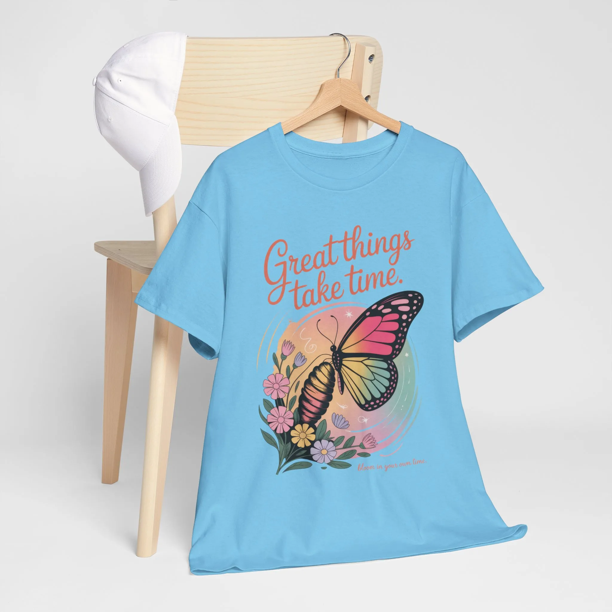 Butterfly Motivational Women's Heavy Cotton Tee, Great Things Take Time Shirt, Gift for Nature Lovers, Inspirational Apparel, Summer Outfit - Image 21