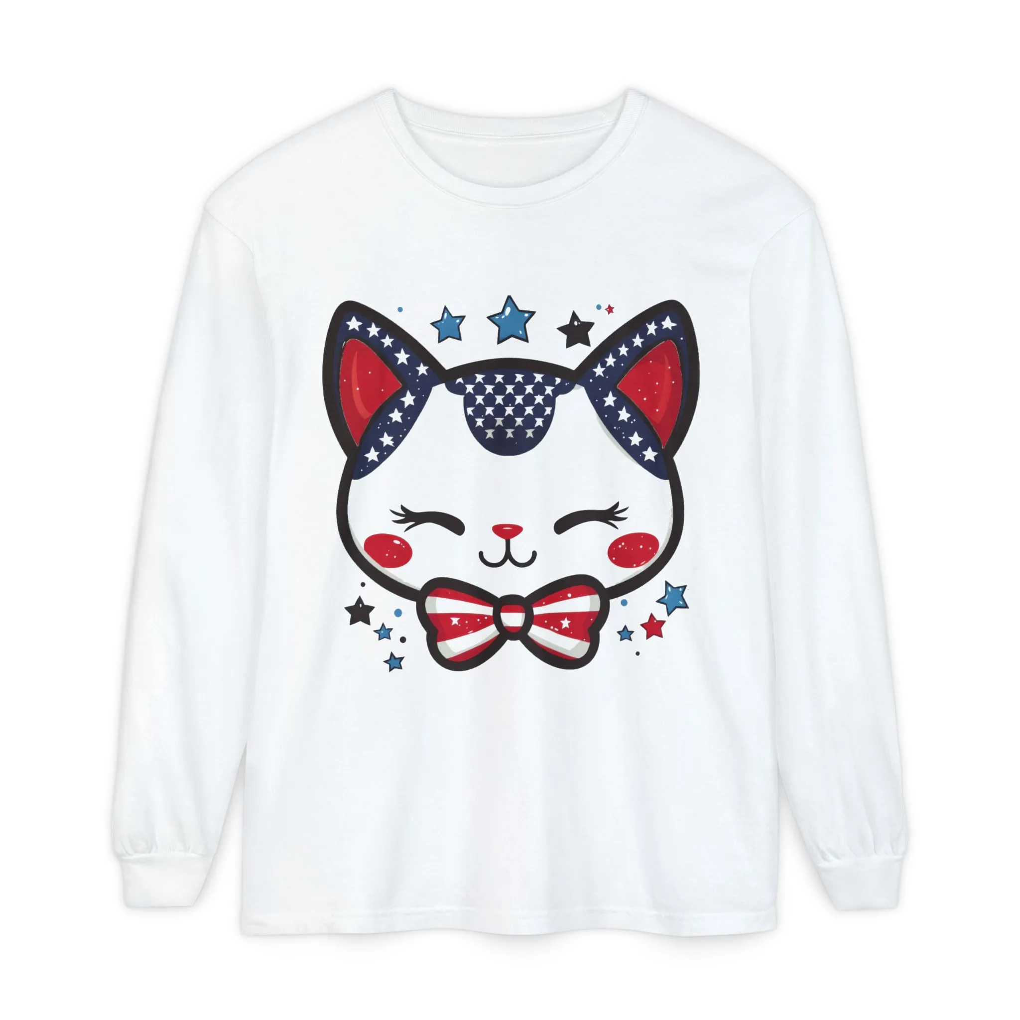 Cute Patriotic Cat Long Sleeve Women's T-Shirt, Fourth of July, Cat Lovers Gift, Casual Wear, Perfect for Holidays and Celebrations - Image 3