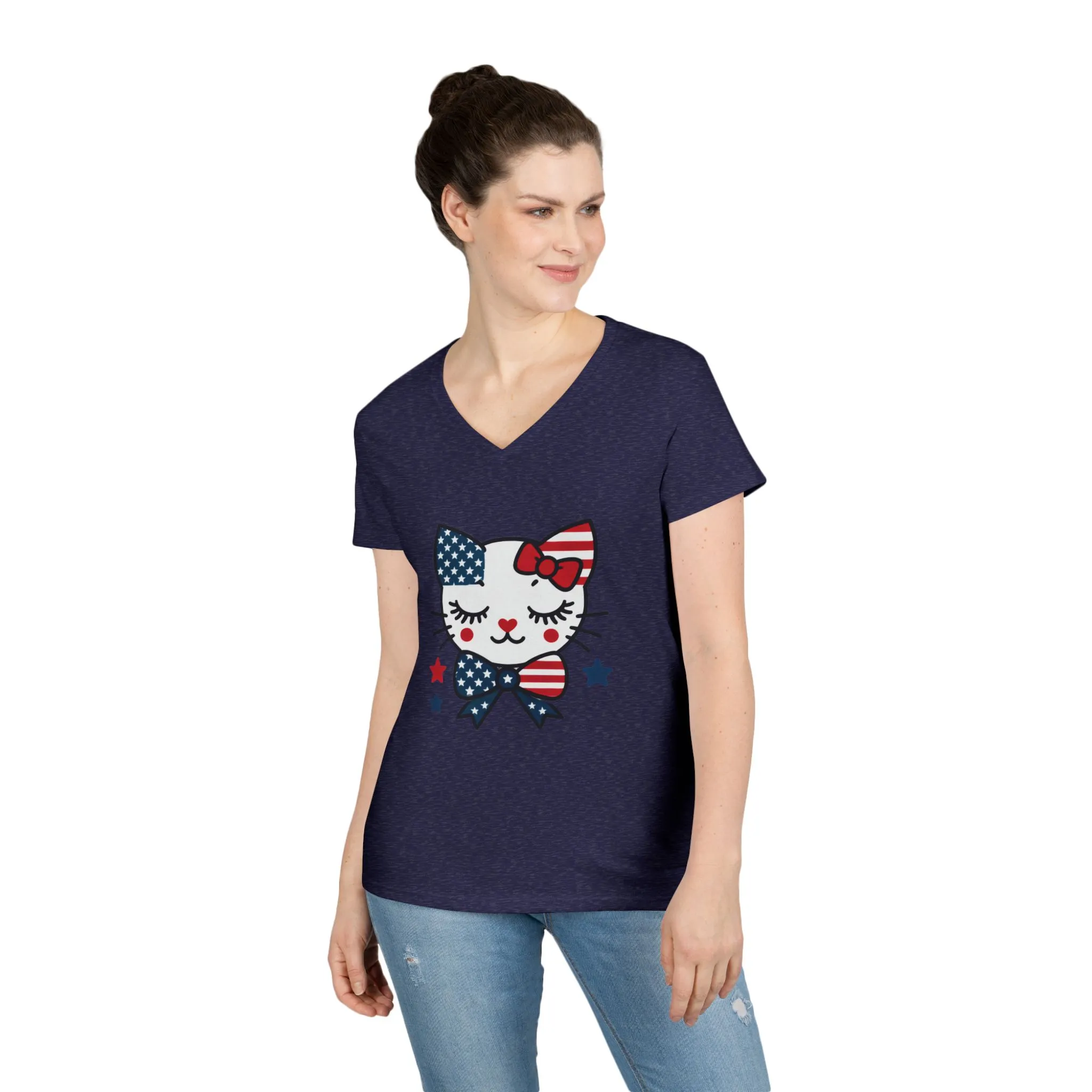 Patriotic Cat Ladies' V-Neck T-Shirt, Cute Tee, July 4th Top, Independence Day Shirt, Gift for Cat Lovers, Casual Summer Wear - Image 21