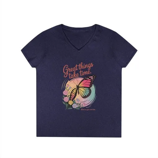 Inspiring Ladies' V-Neck T-Shirt, Great Things Take Time Butterfly Design, Relaxation, Motivation, Nature, Motivational Women's Tee - Image 15
