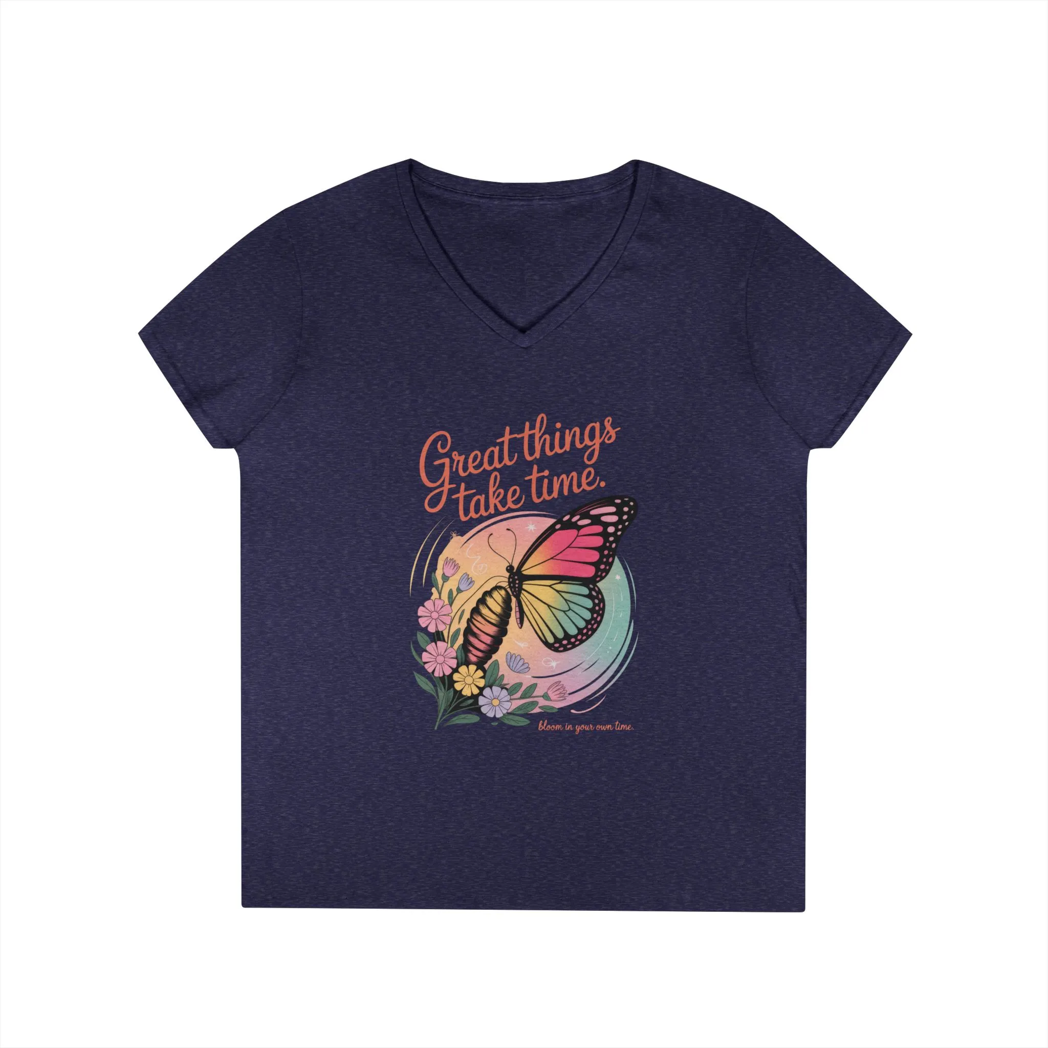 Inspiring Ladies' V-Neck T-Shirt, Great Things Take Time Butterfly Design, Relaxation, Motivation, Nature, Motivational Women's Tee - Image 15