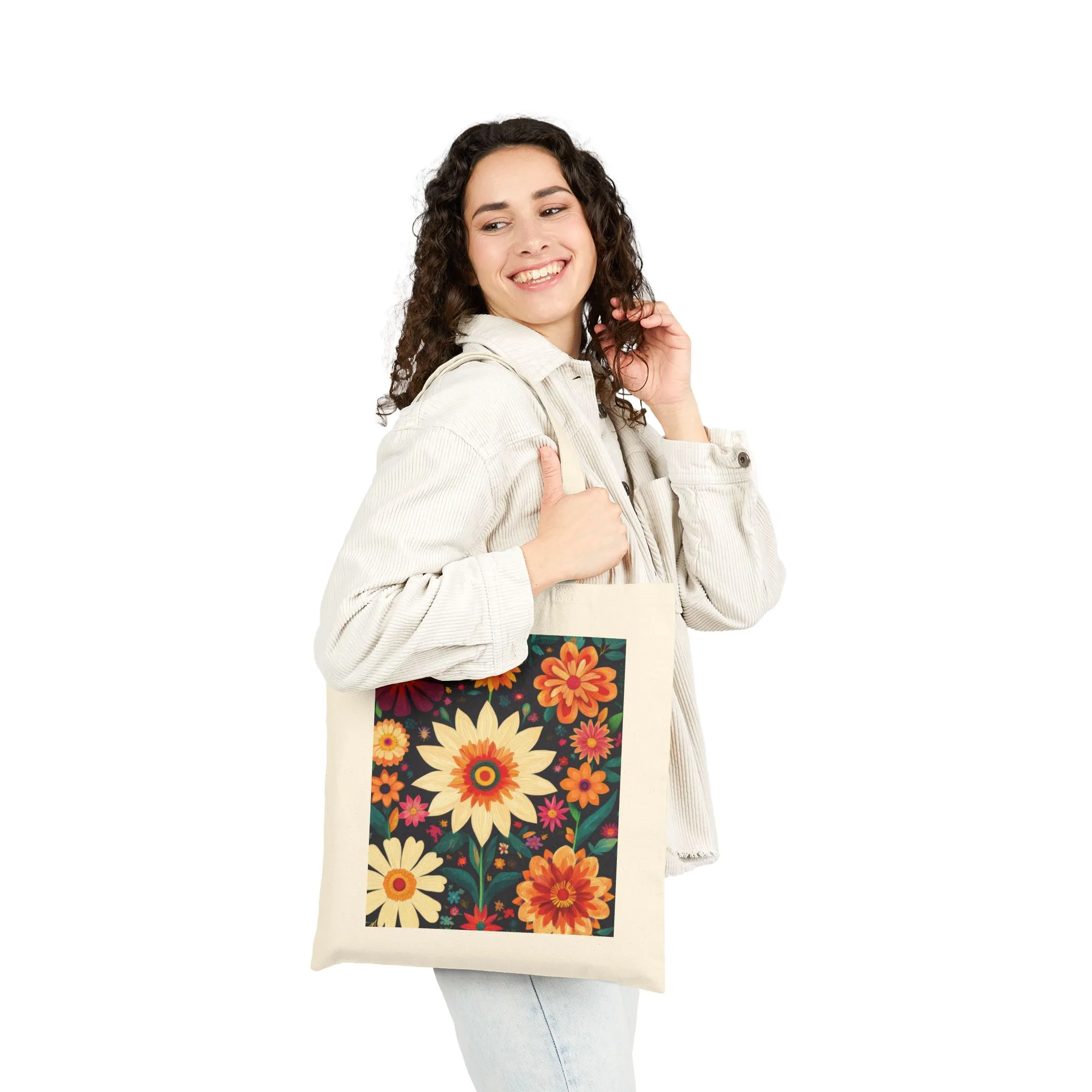 Floral Cotton Canvas Tote Bag, Eco-Friendly Shopping Bag, Reusable Grocery Tote, Boho Chic Gift, Market Bag with Flower Design - Image 8