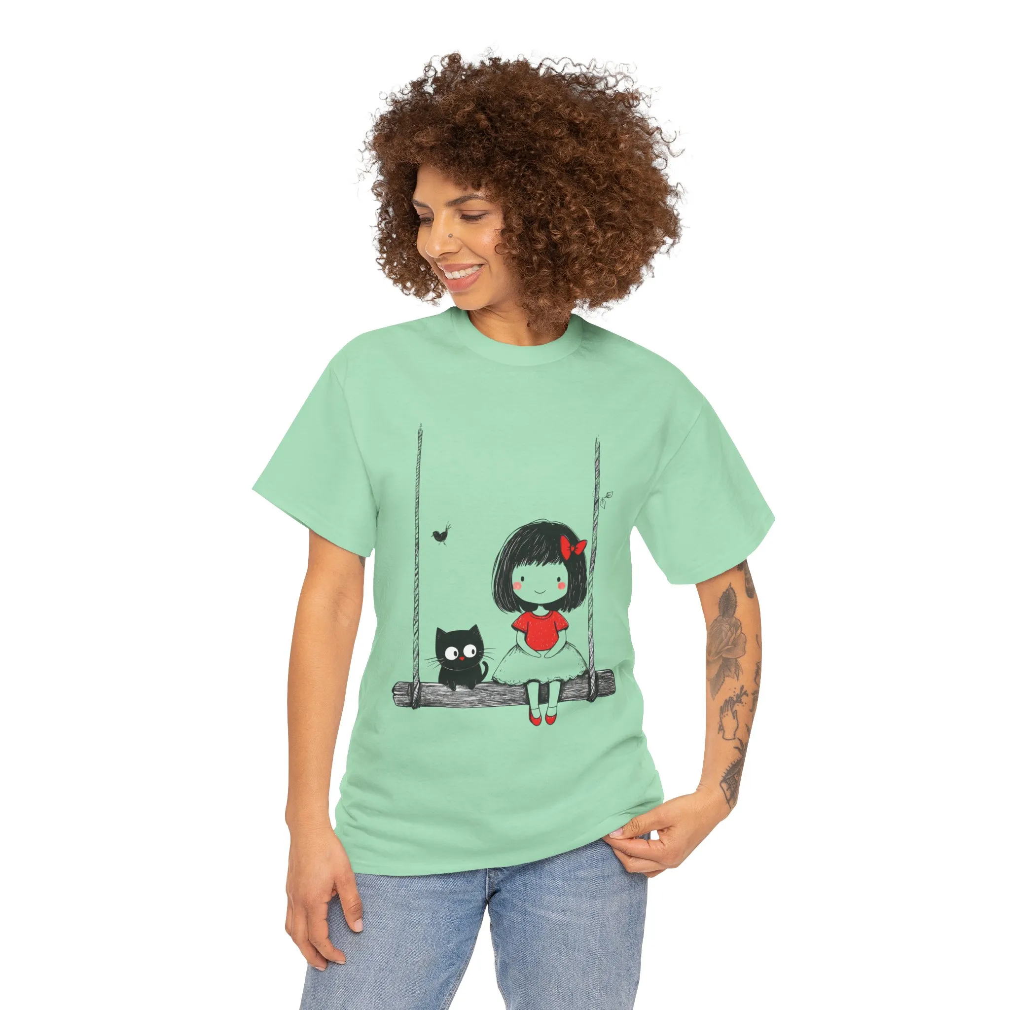 Cute Cat & Girl Graphic Tee, Playful Gift for Cat Lovers, Cat and Girl Design, Gift for Cat Owners, Women's Cotton T-Shirt - Image 10