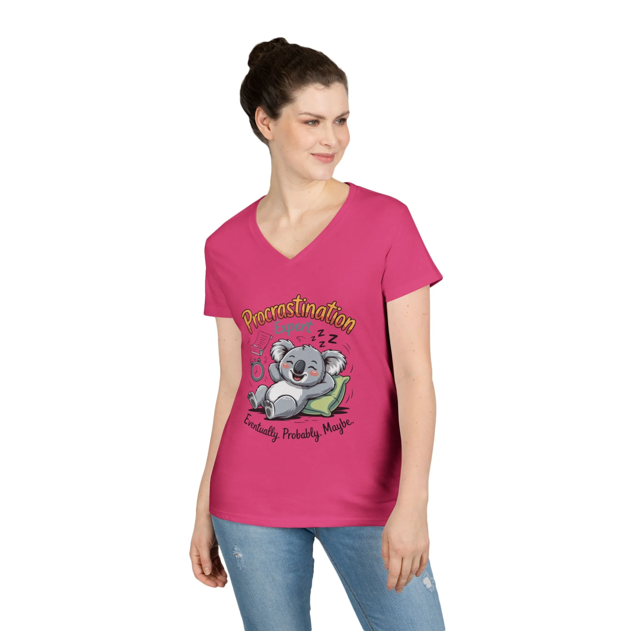 Procrastination Expert Ladies' V-Neck T-Shirt, Fun Tee for Lazy Days, Gift for Students, Casual Wear, Motivational Shirt, Cute Koala Design - Image 14