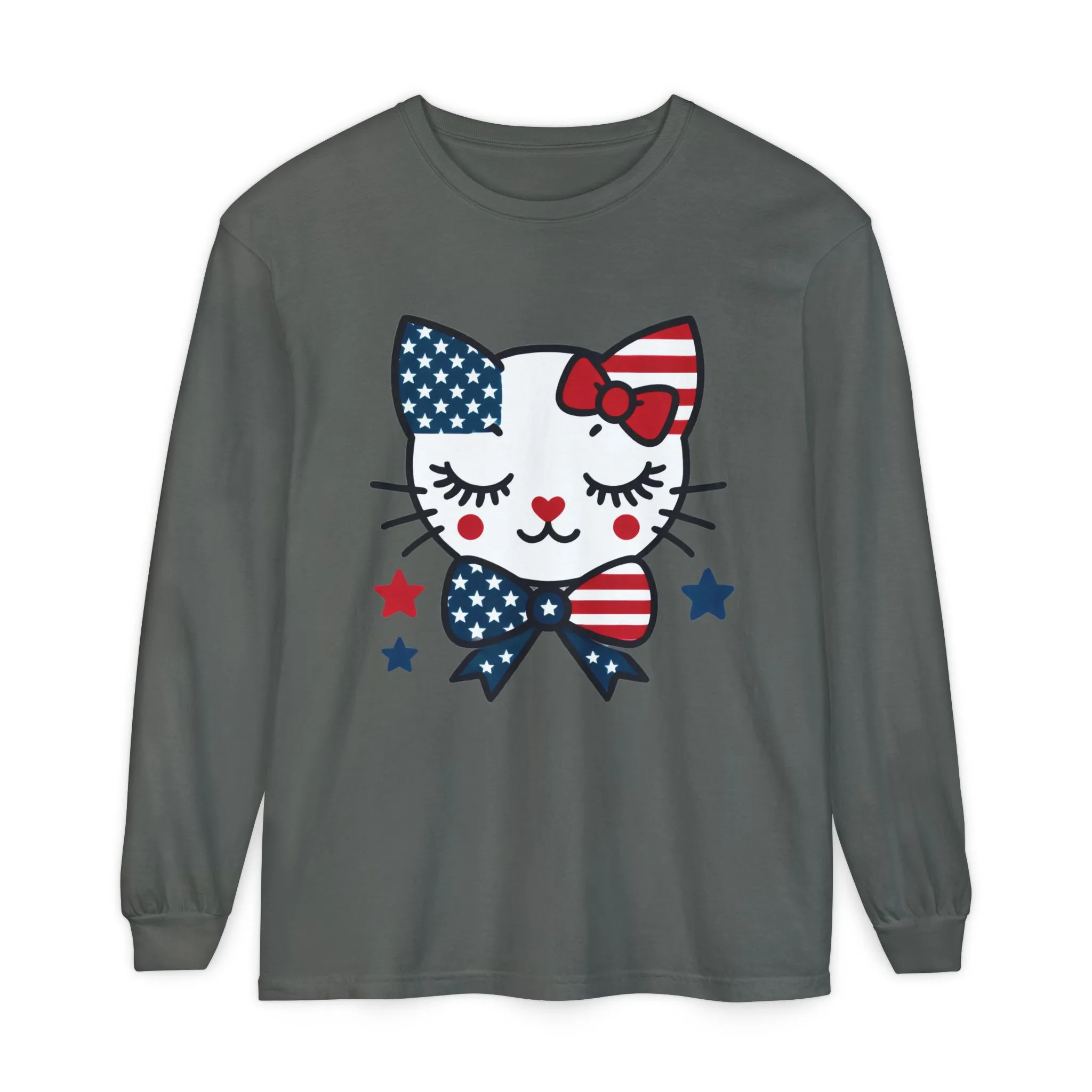 Patriotic Cat Long Sleeve T-Shirt, Womens Tee, Perfect for Fourth of July, Animal Lover Gift, Cozy Casual Wear, Holiday Apparel - Image 5