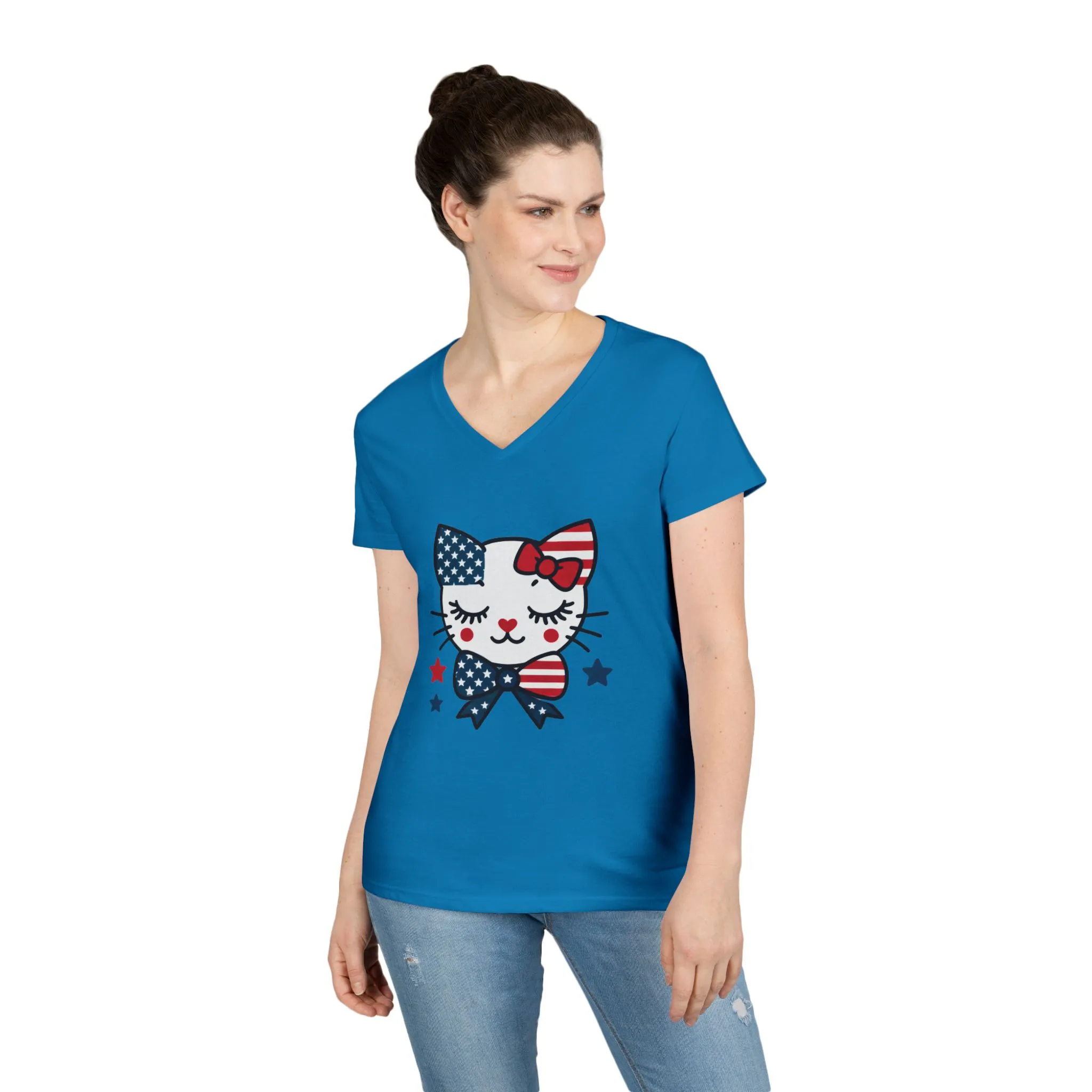 Patriotic Cat Ladies' V-Neck T-Shirt, Cute Tee, July 4th Top, Independence Day Shirt, Gift for Cat Lovers, Casual Summer Wear - Image 15