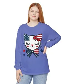 Patriotic Cat Long Sleeve T-Shirt, Womens Tee, Perfect for Fourth of July, Animal Lover Gift, Cozy Casual Wear, Holiday Apparel