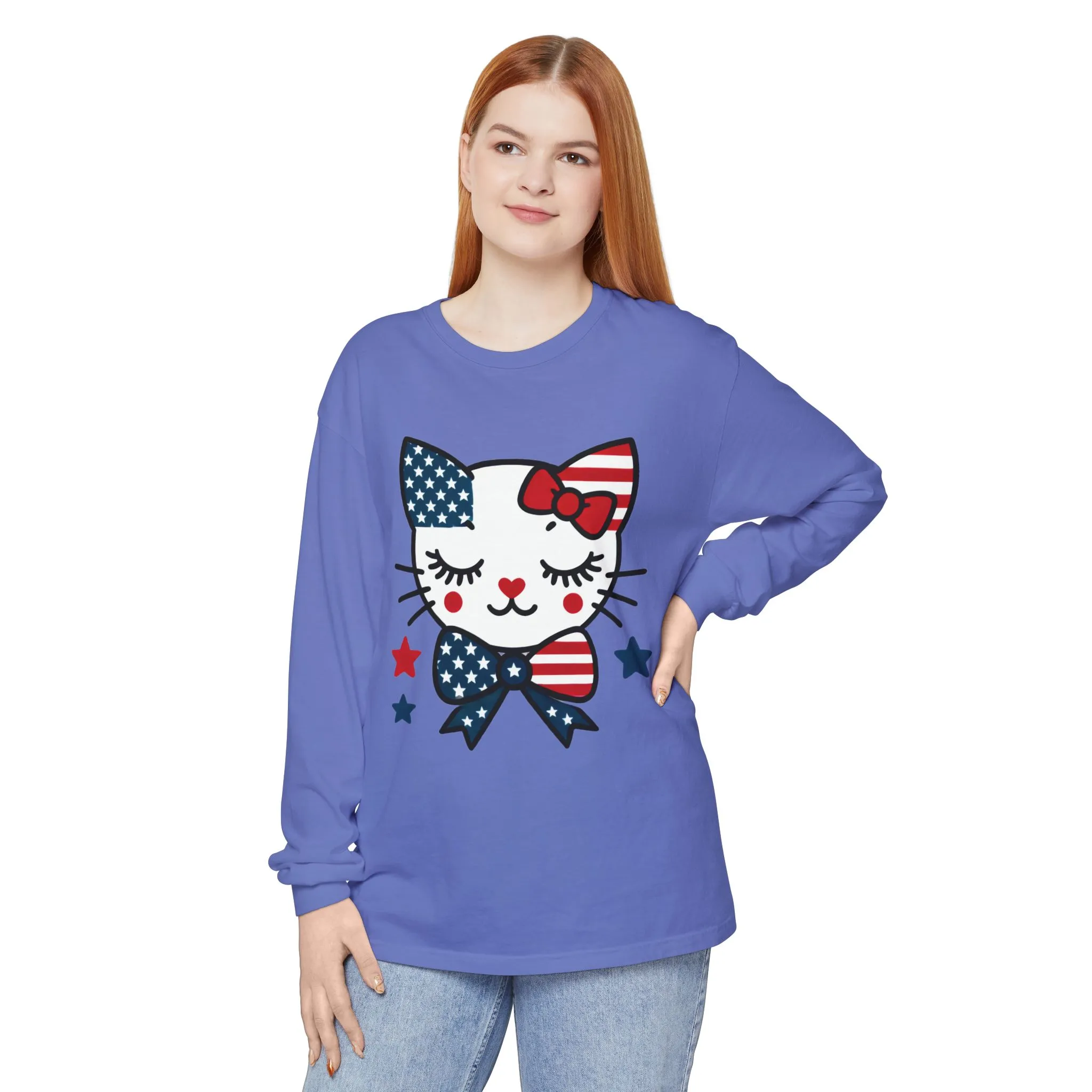 Patriotic Cat Long Sleeve T-Shirt, Womens Tee, Perfect for Fourth of July, Animal Lover Gift, Cozy Casual Wear, Holiday Apparel