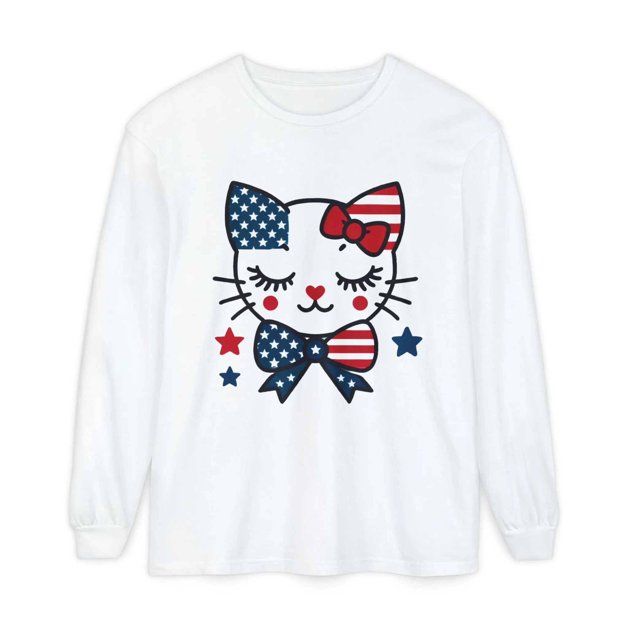 Patriotic Cat Long Sleeve T-Shirt, Womens Tee, Perfect for Fourth of July, Animal Lover Gift, Cozy Casual Wear, Holiday Apparel - Image 3