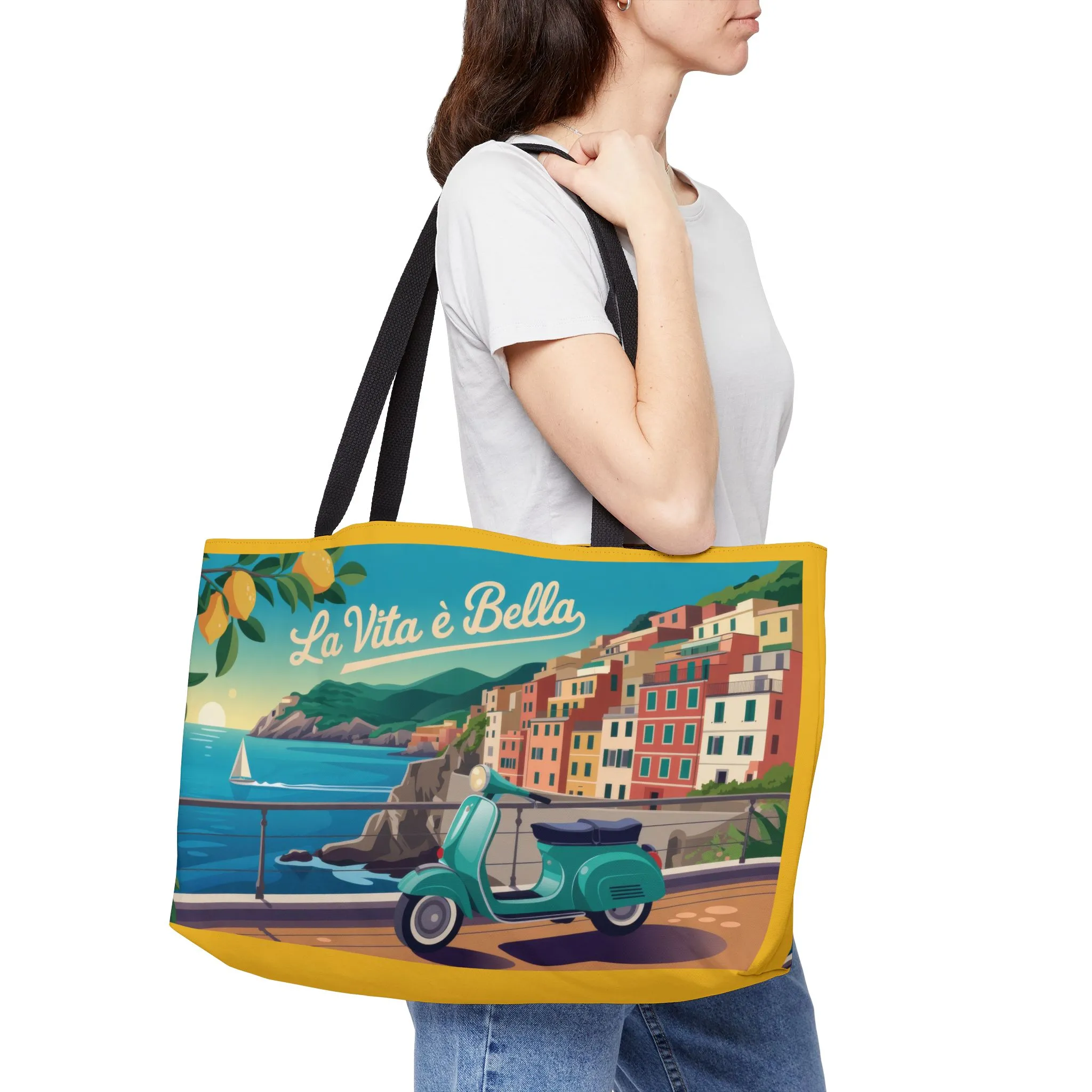 Vibrant Travel Weekender Tote Bag, Beach Bag, Shopping Tote, Summer Adventure Essential, Gift for Her, Italian Riviera themed beach tote bag