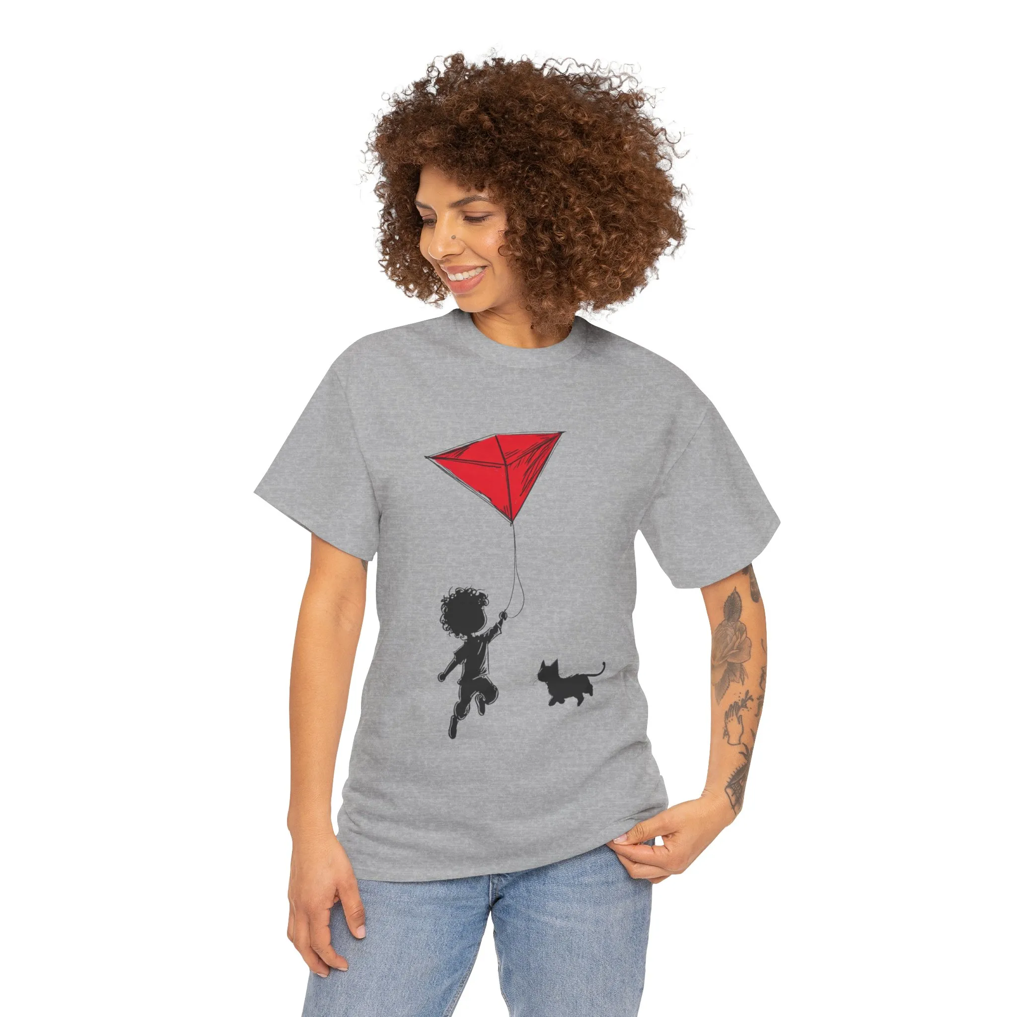 Cute Kid and Cat Design T-Shirt, Playful Gift for Cat Lovers, Summer Style, Cat Lover T-Shirt, Gift for Cat Owners, Women's Cotton T-Shirt - Image 8