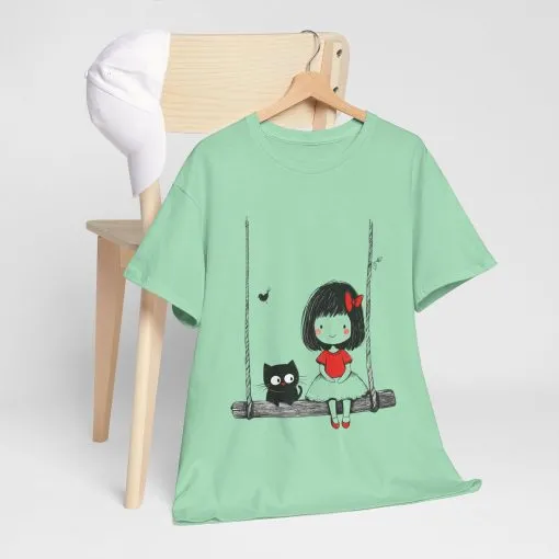 Cute Cat & Girl Graphic Tee, Playful Gift for Cat Lovers, Cat and Girl Design, Gift for Cat Owners, Women's Cotton T-Shirt - Image 12