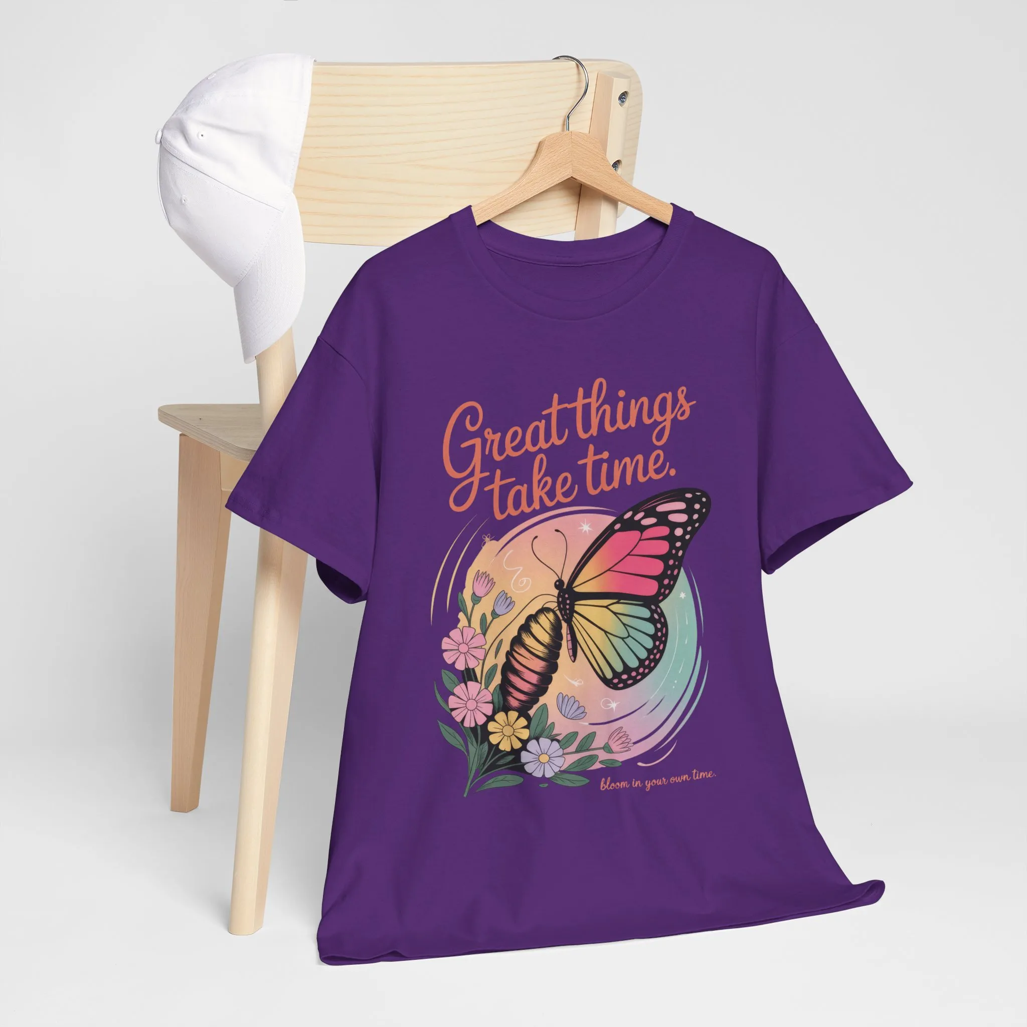 Butterfly Motivational Women's Heavy Cotton Tee, Great Things Take Time Shirt, Gift for Nature Lovers, Inspirational Apparel, Summer Outfit - Image 36