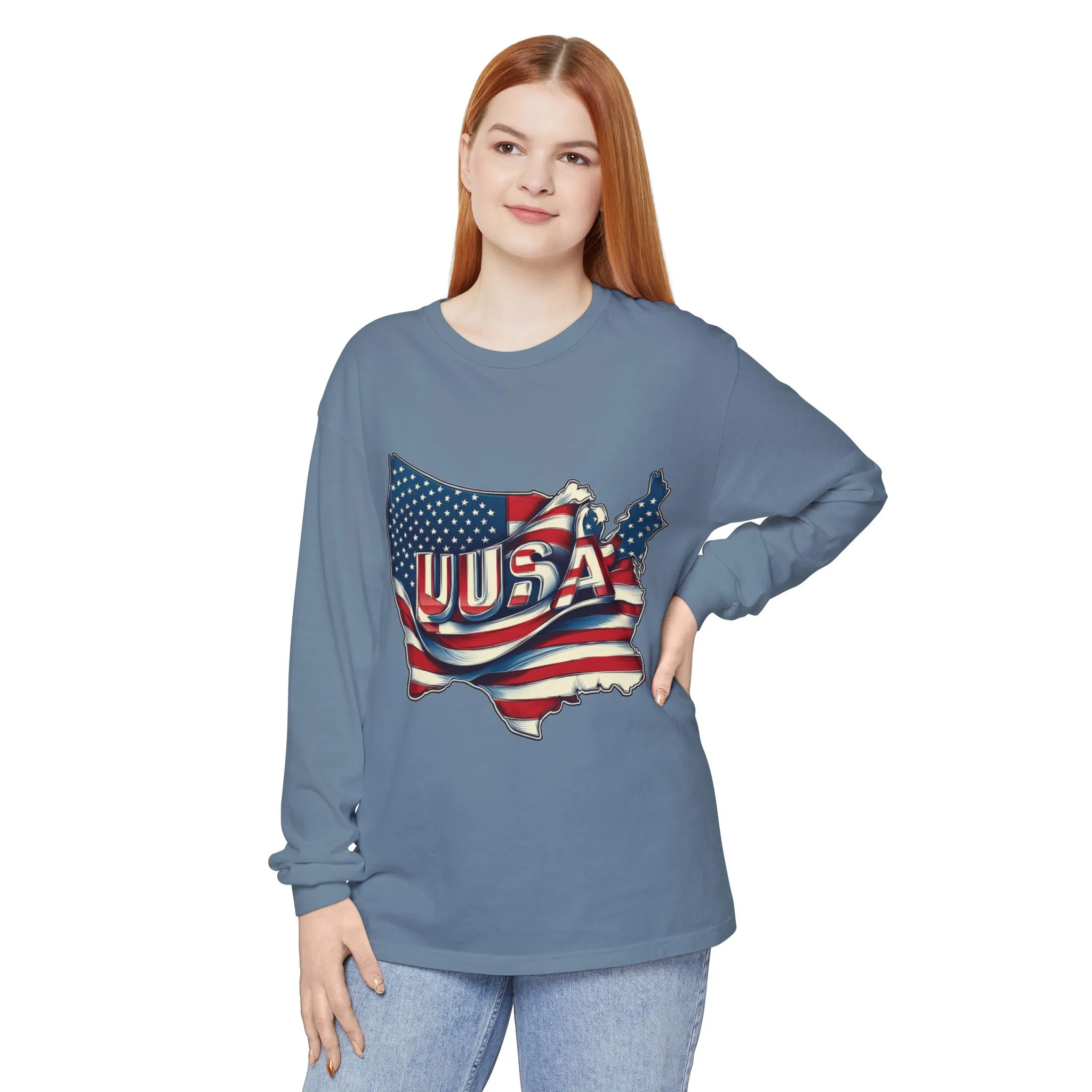 USA Flag Long Sleeve Tee, Unisex Garment-Dyed Shirt, Patriotic Top, All-American Apparel, Independence Day Style, Comfortable Casual Wear - Image 15