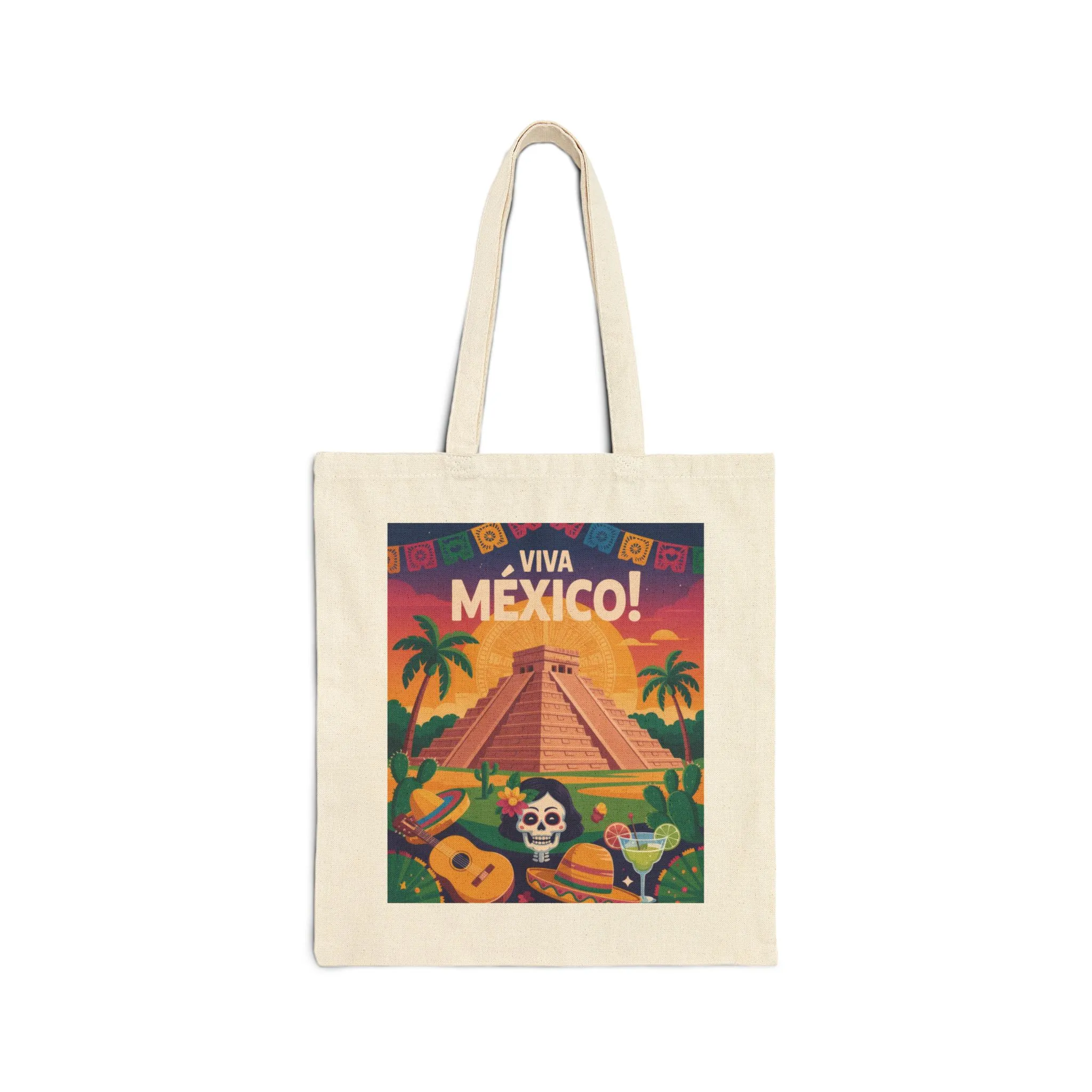 Viva Mexico Cotton Canvas Tote Bag, Eco-Friendly Grocery Bag, Bohemian Beach Bag, Travel Tote, Day of the Dead Gift